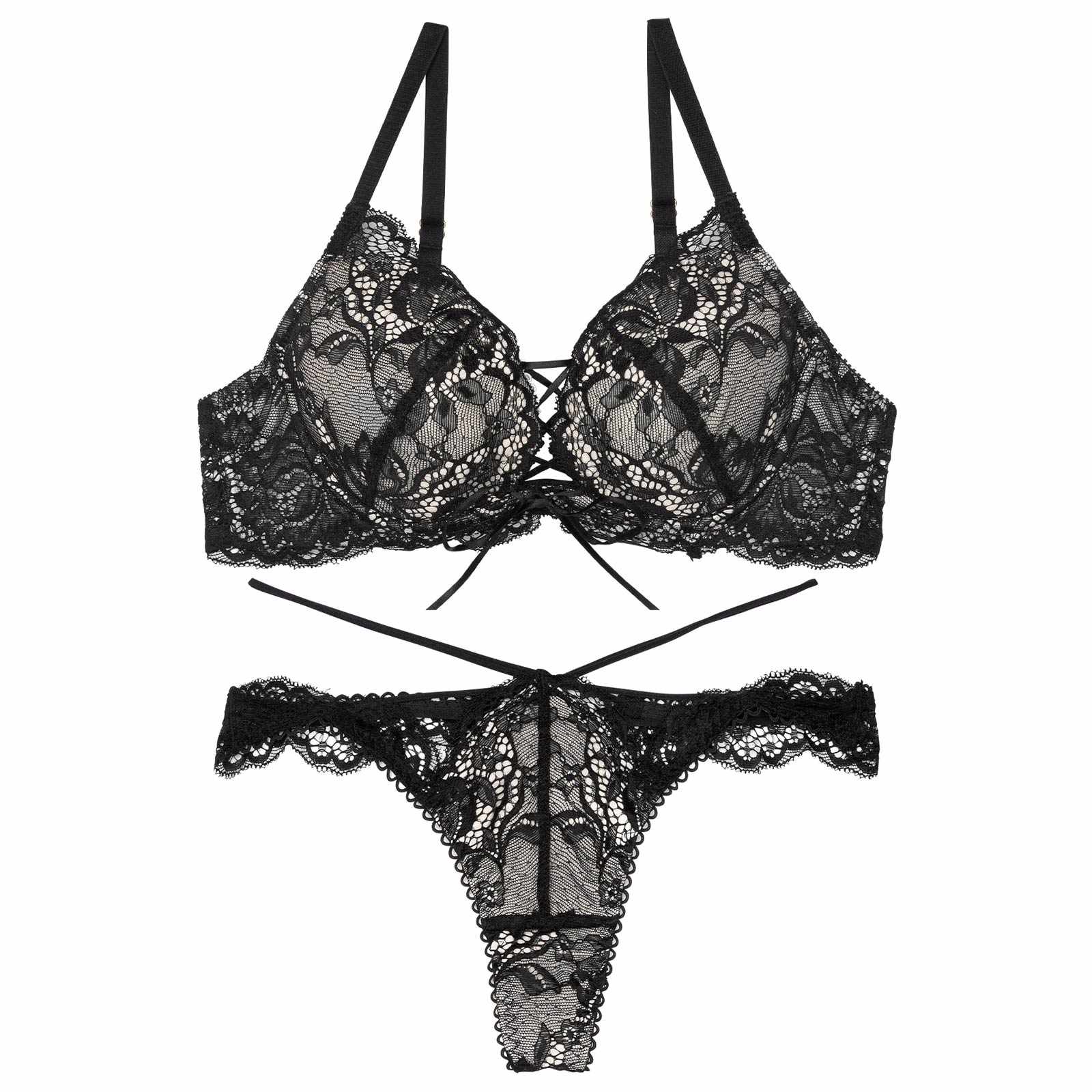 11/22再販!【Reinest】リュクスカットレースアップブラジャー&バック透けTバックショーツ