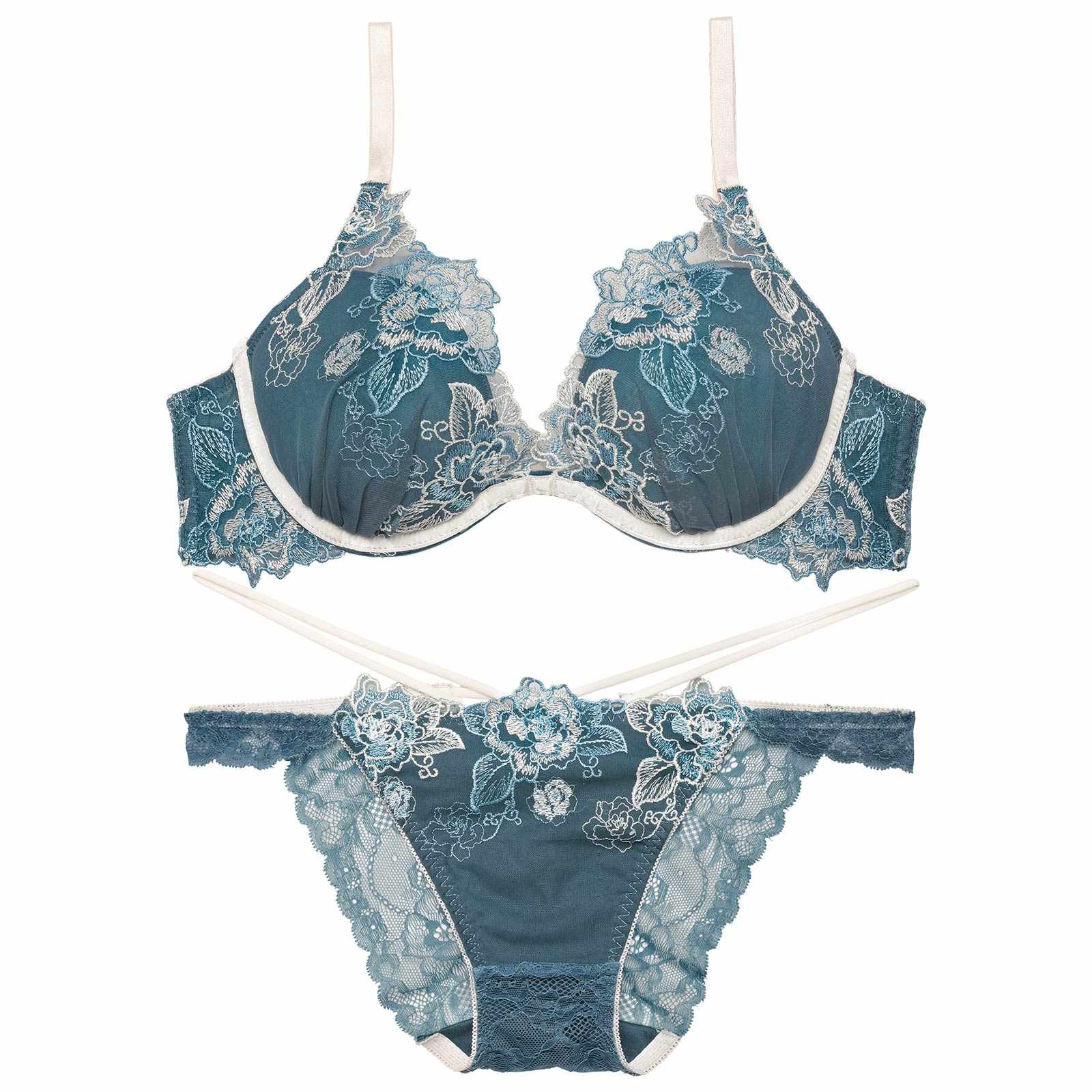 【Reinest】バイカラーヴィンテージローズブラジャー&バック透けフルバックショーツ