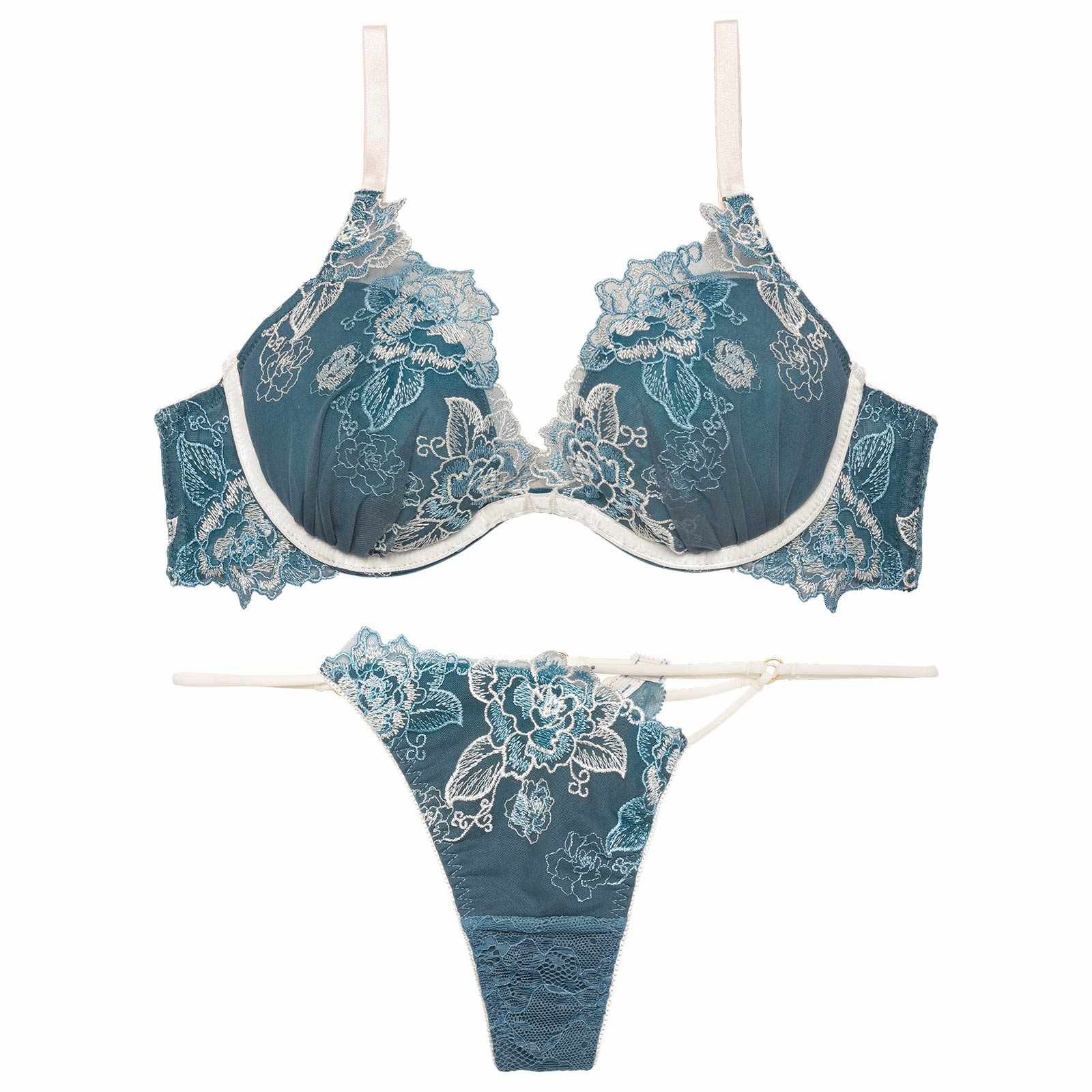 【Reinest】バイカラーヴィンテージローズブラジャー&バック透けTバックショーツ