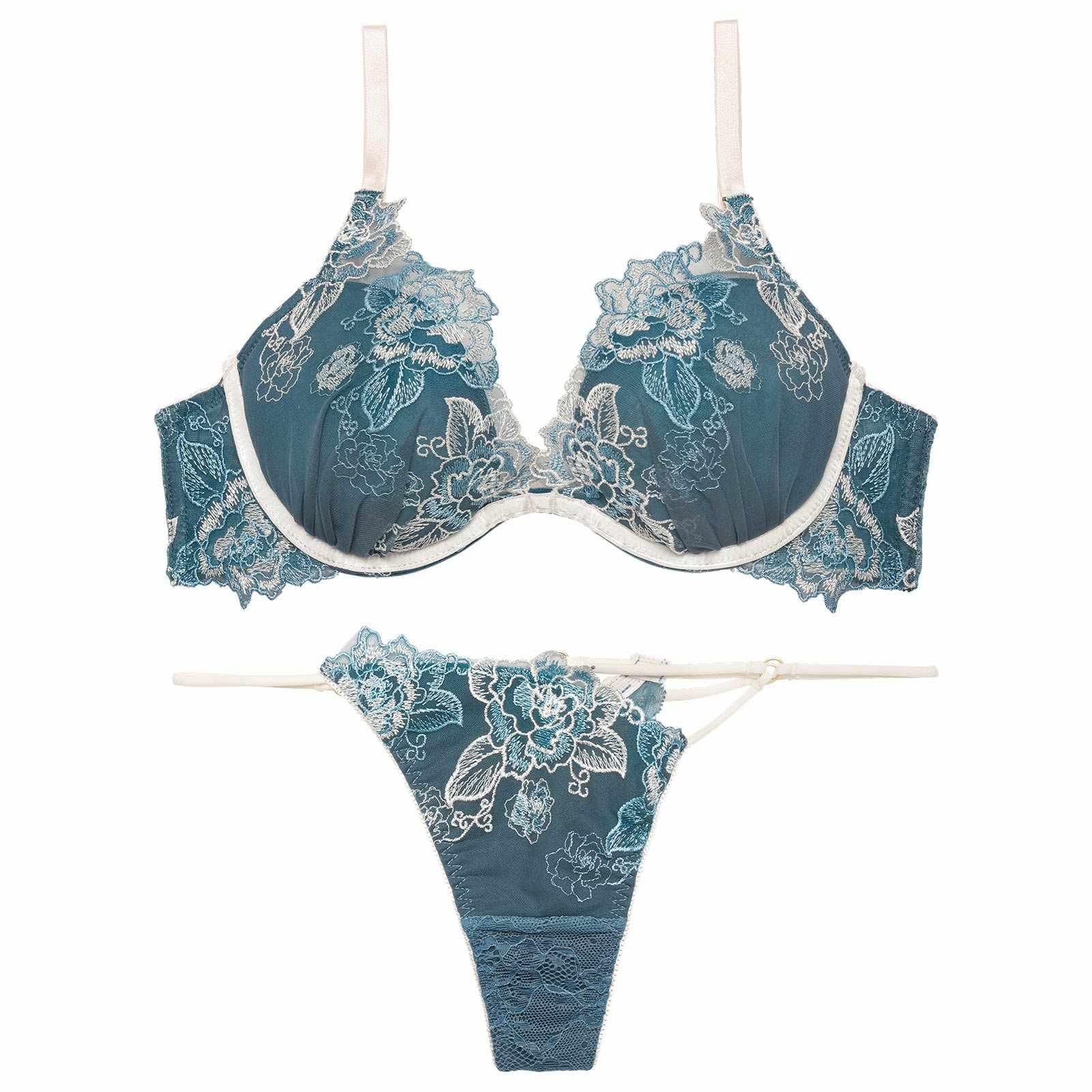 【Reinest】バイカラーヴィンテージローズブラジャー&バック透けTバックショーツ - 【公式】247Lingerie
