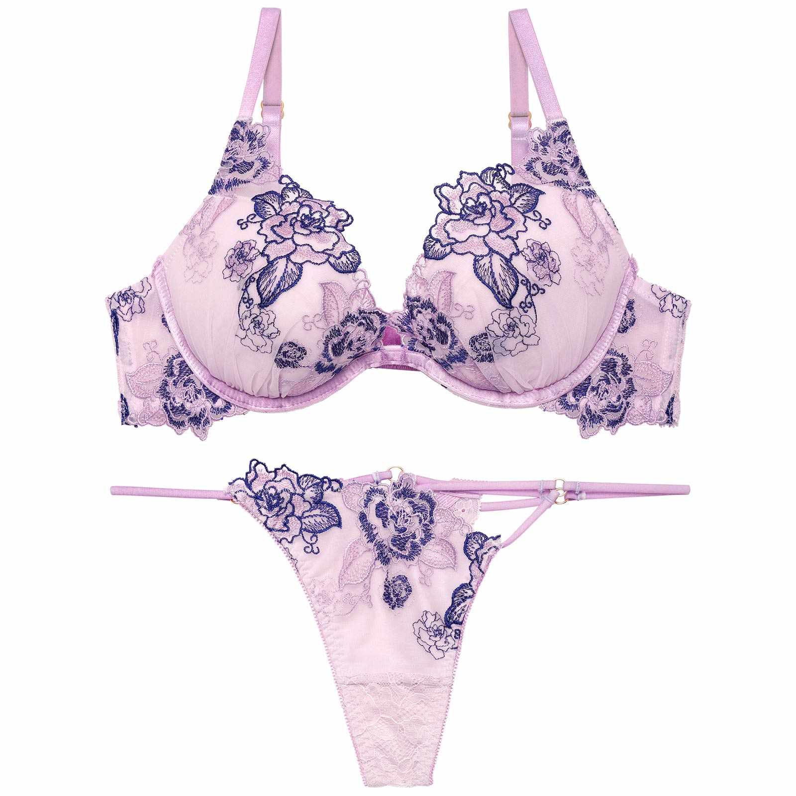 【Reinest】バイカラーヴィンテージローズブラジャー&バック透けTバックショーツ