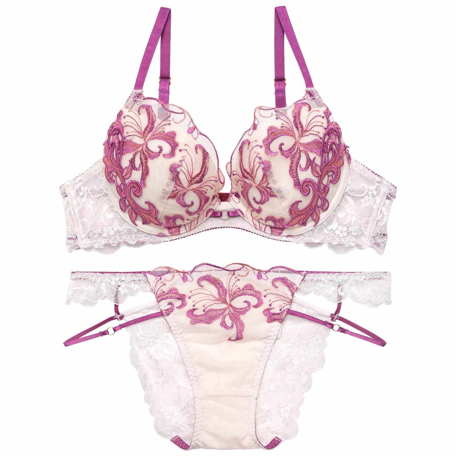 【Reinest】ノーブルボタニークフラワーブラジャー&バック透けフルバックショーツ