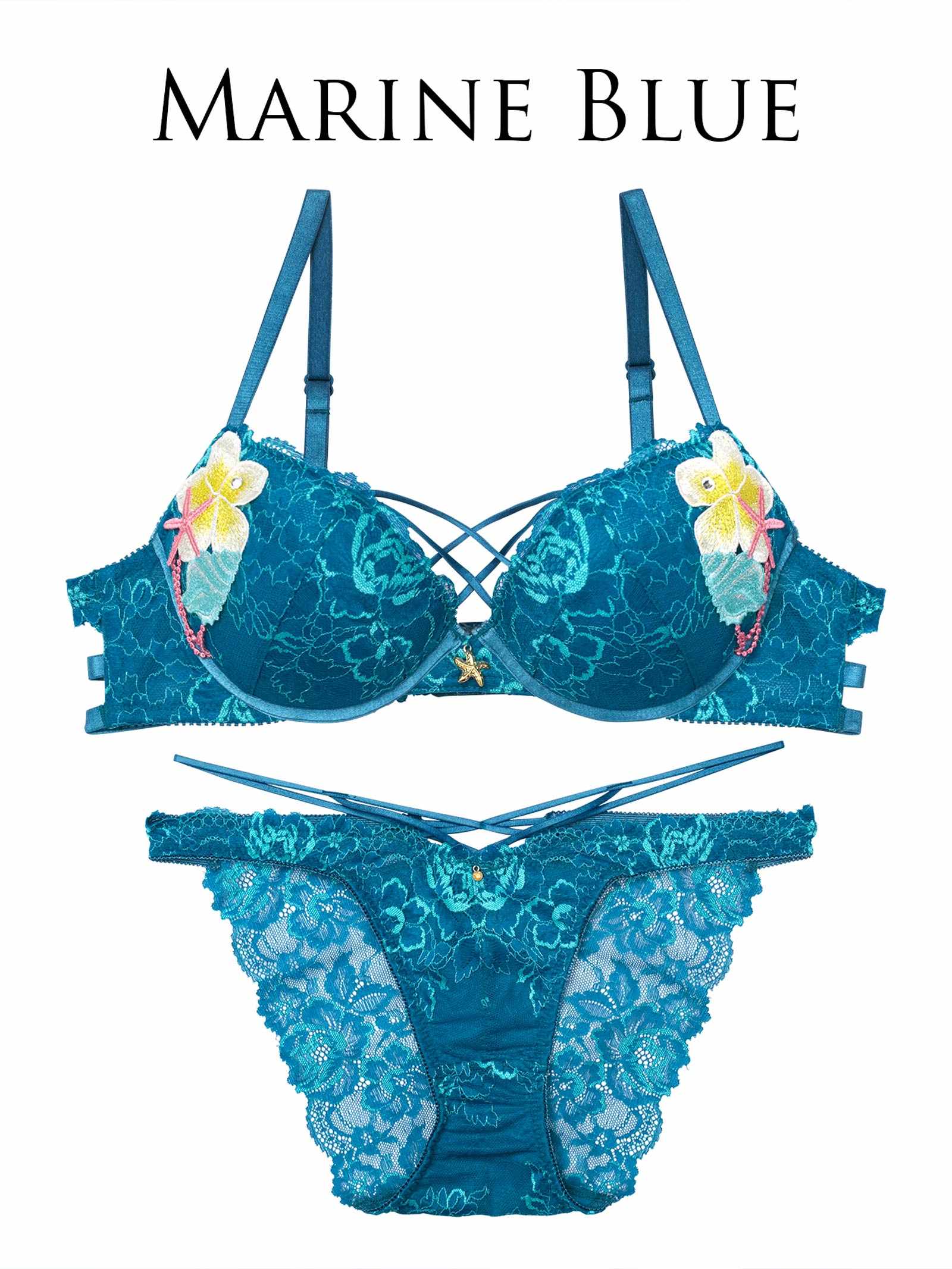 7/28新作!!【永尾まりや着用】【Reinest】アクアオーシャンプルメリアブラジャー&バック透けフルバックショーツ