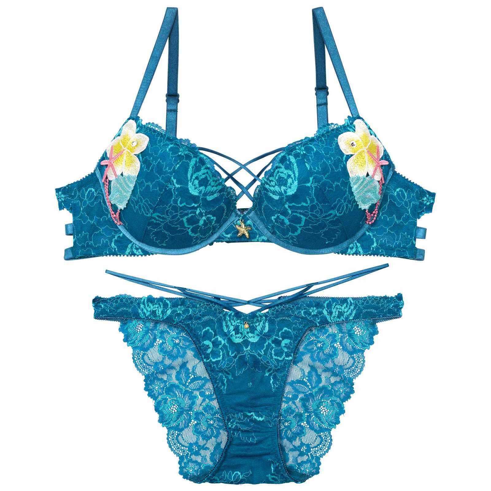 【永尾まりや着用】【Reinest】アクアオーシャンプルメリアブラジャー&バック透けフルバックショーツ