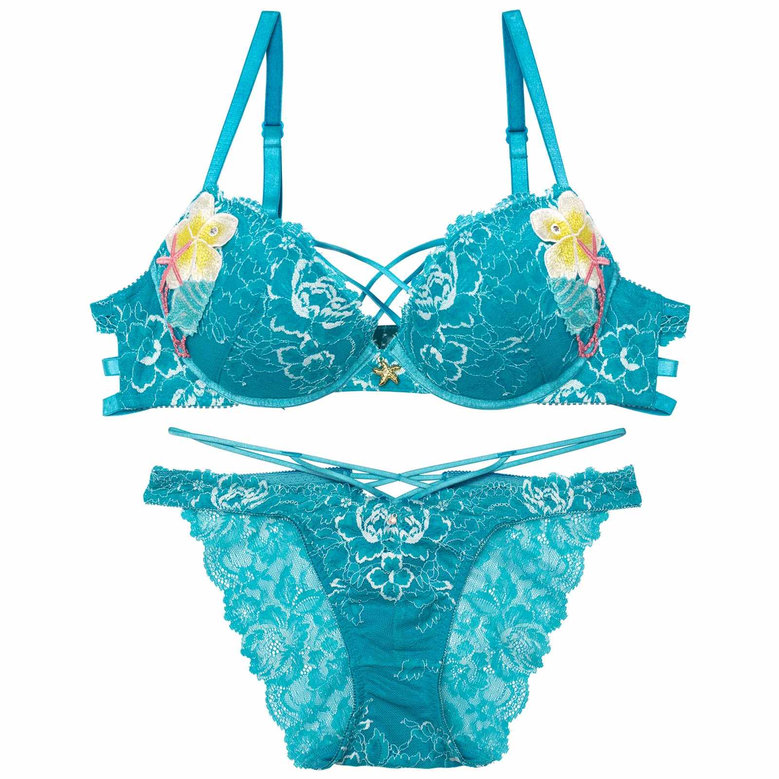 【永尾まりや着用】【Reinest】アクアオーシャンプルメリアブラジャー&バック透けフルバックショーツ