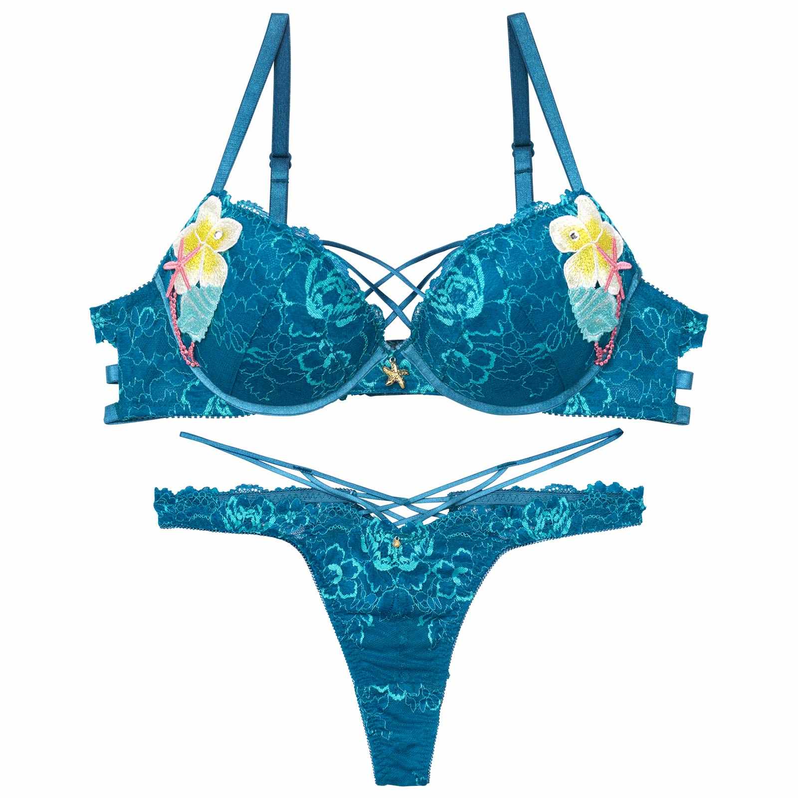 【永尾まりや着用】【Reinest】アクアオーシャンプルメリアブラジャー&バック透けTバックショーツ