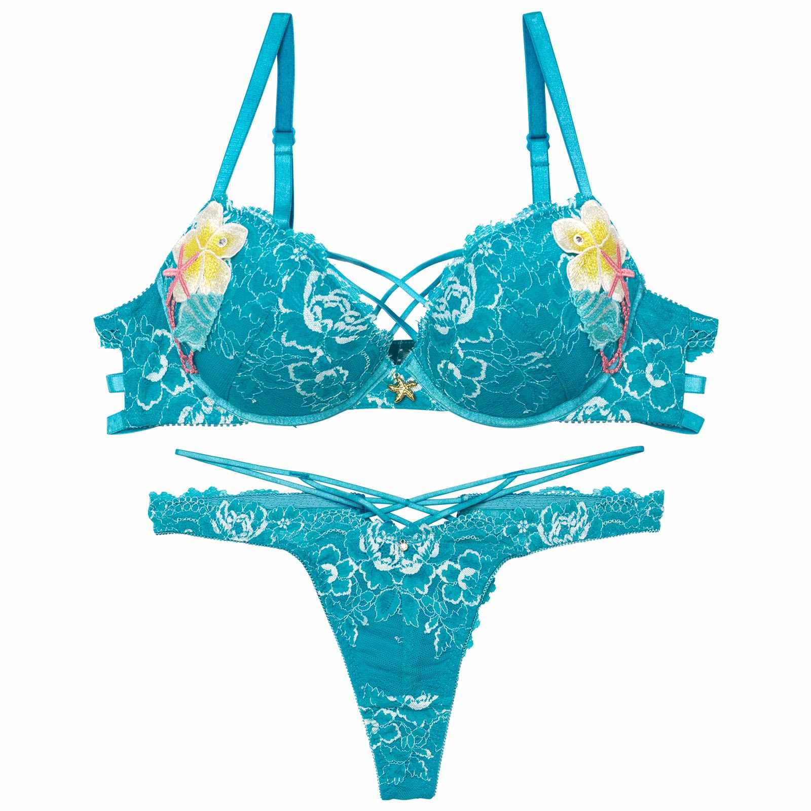 【永尾まりや着用】【Reinest】アクアオーシャンプルメリアブラジャー&バック透けTバックショーツ