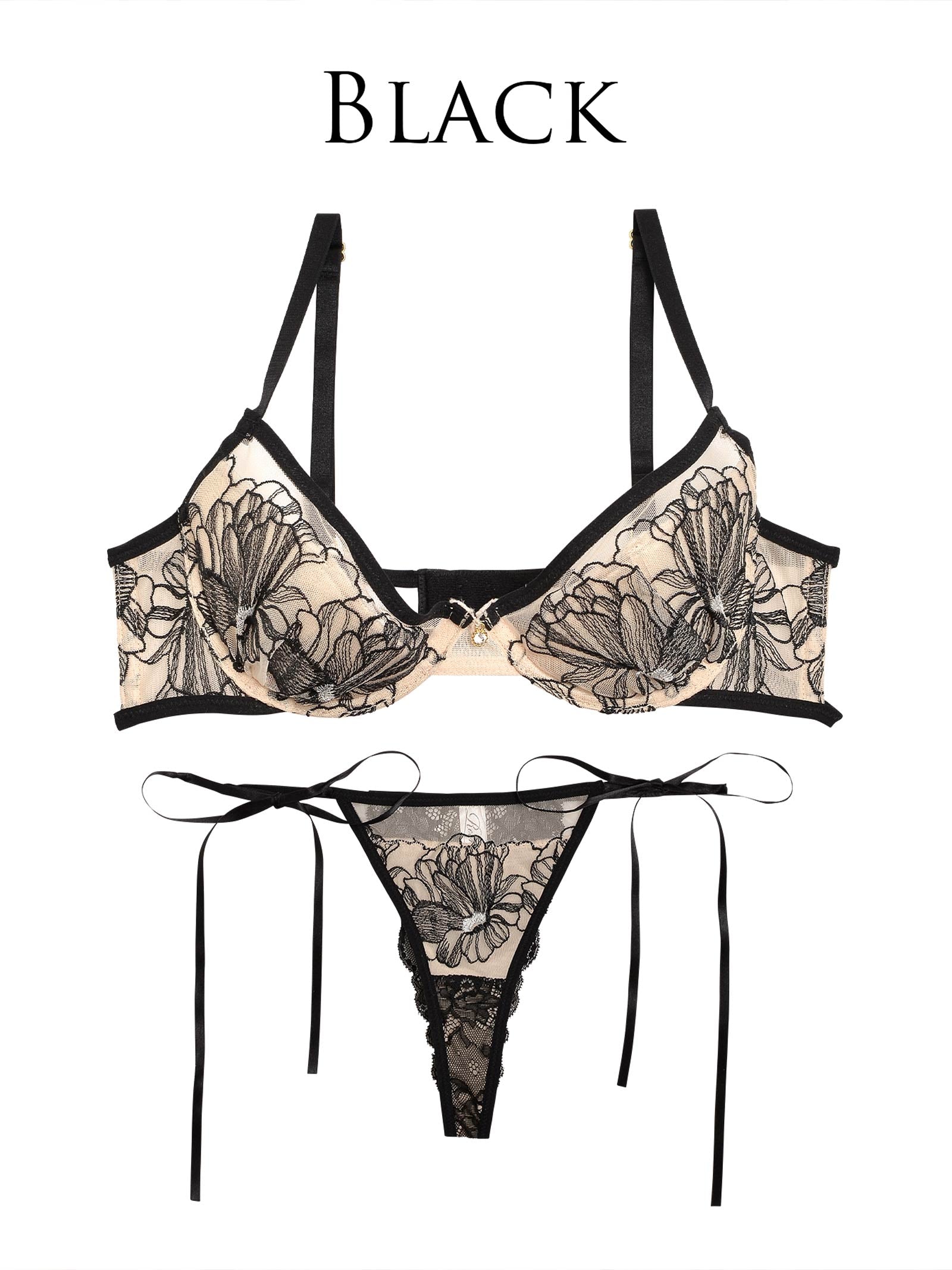 【Reinest】ソフトフラワーエンブロイダリーブラジャー&サイド紐バック透けTバックショーツ