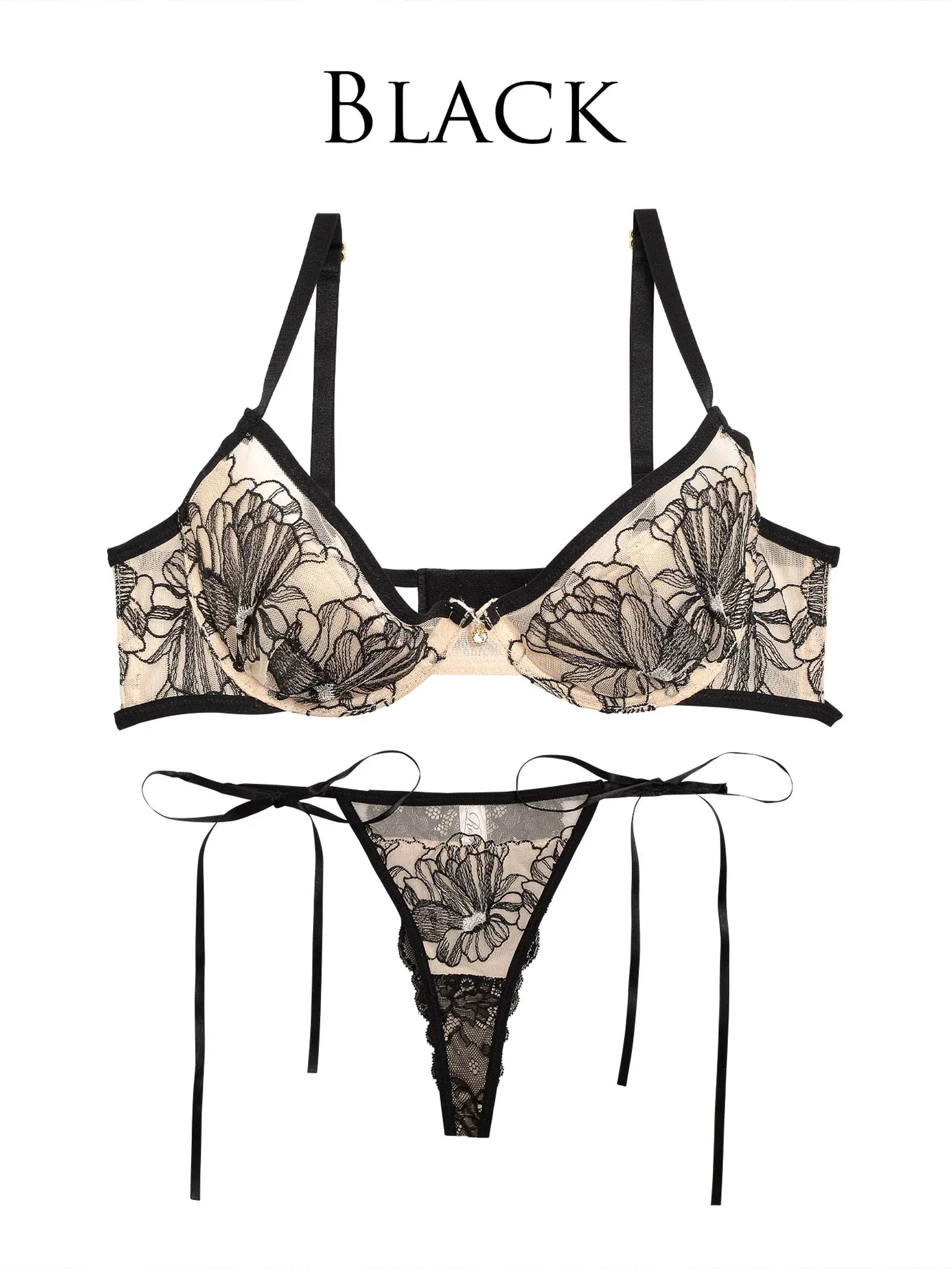 【Reinest】ソフトフラワーエンブロイダリーブラジャー&サイド紐バック透けTバックショーツ - 【公式】247Lingerie