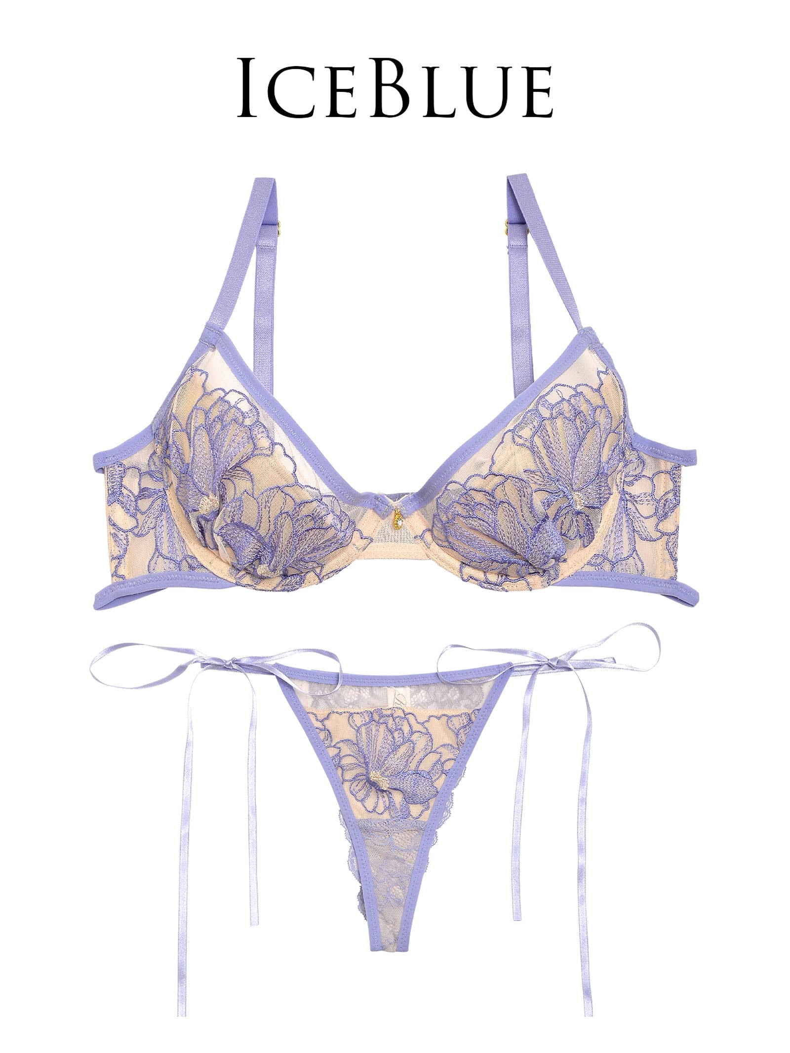 【Reinest】ソフトフラワーエンブロイダリーブラジャー&サイド紐バック透けTバックショーツ