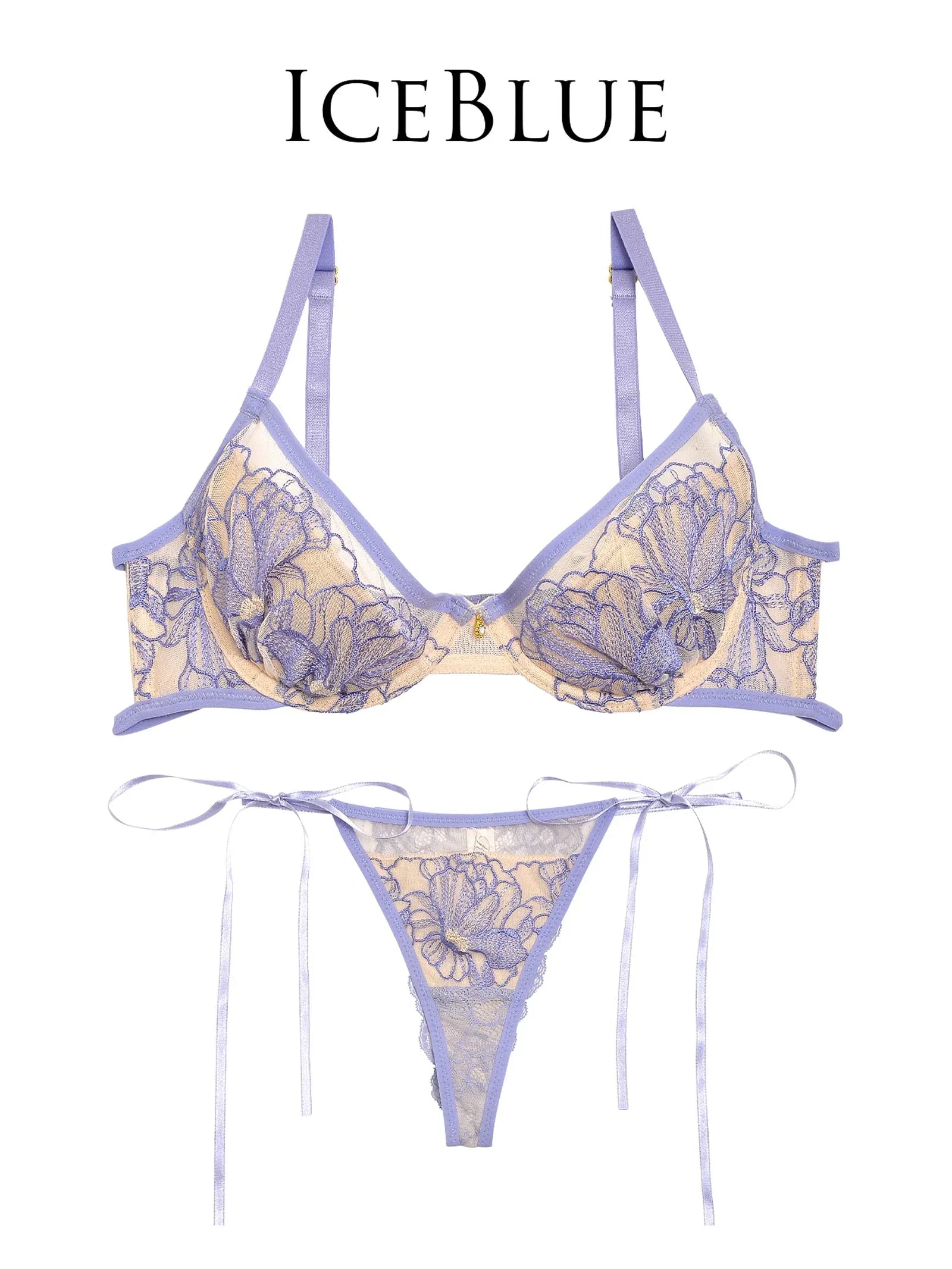 【Reinest】ソフトフラワーエンブロイダリーブラジャー&サイド紐バック透けTバックショーツ - 【公式】247Lingerie