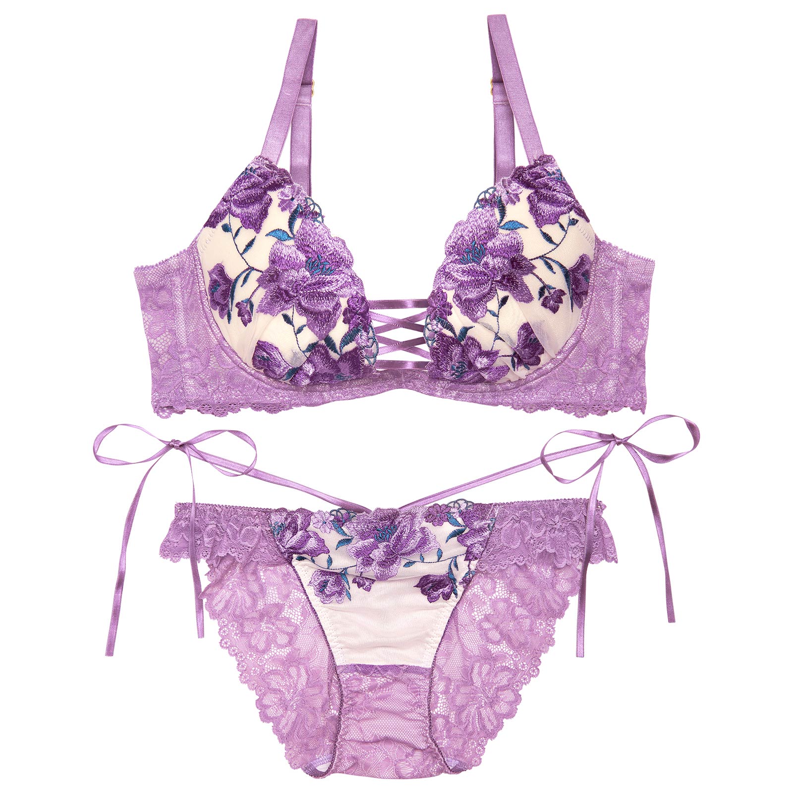 【永尾まりや着用】【Reinest】エレガンスピオニーブルーム育乳脇高★魔法のブラジャー&バック透けフルバックショーツ