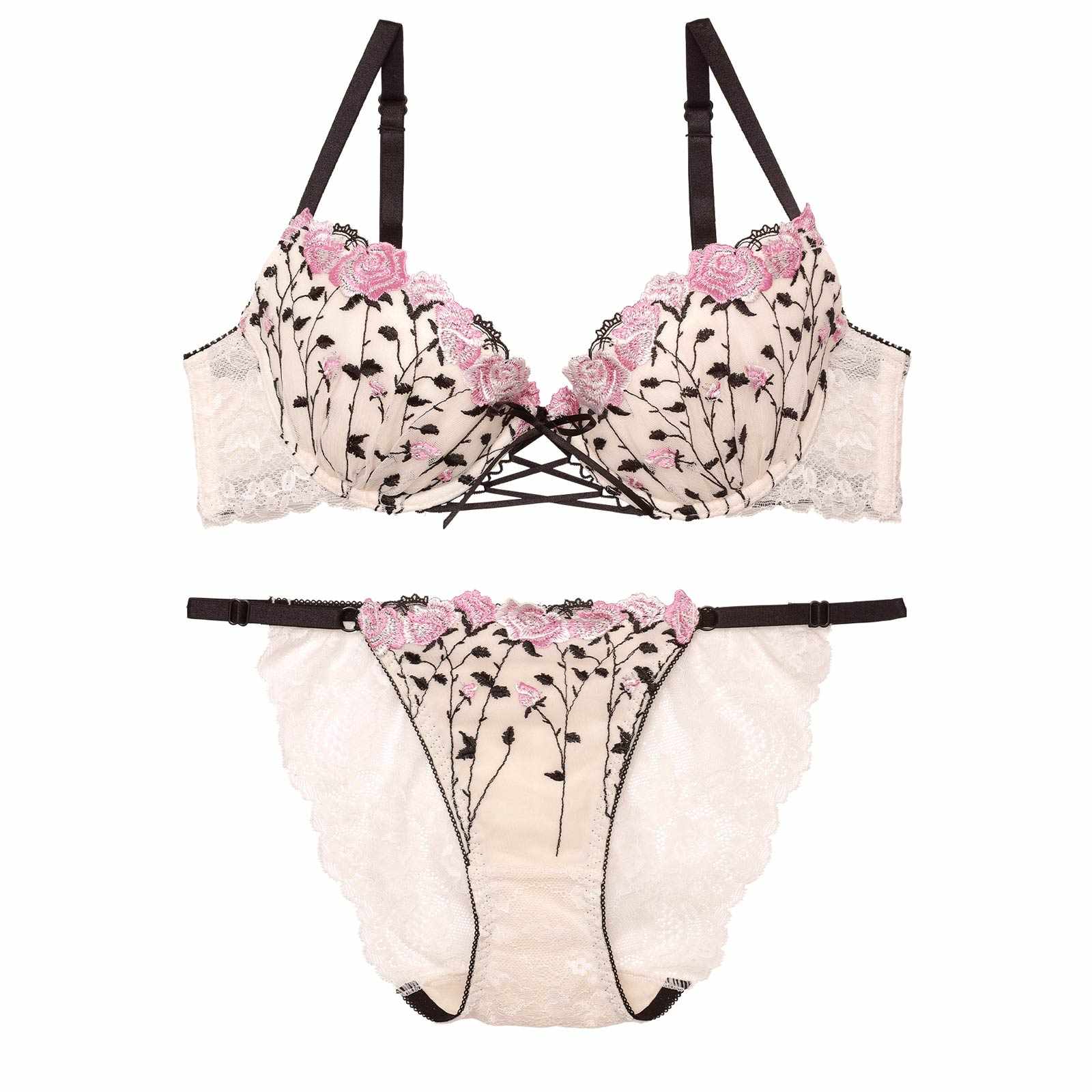 【Reinest】クラシックローズブーケブラジャー&バック透けフルバックショーツ