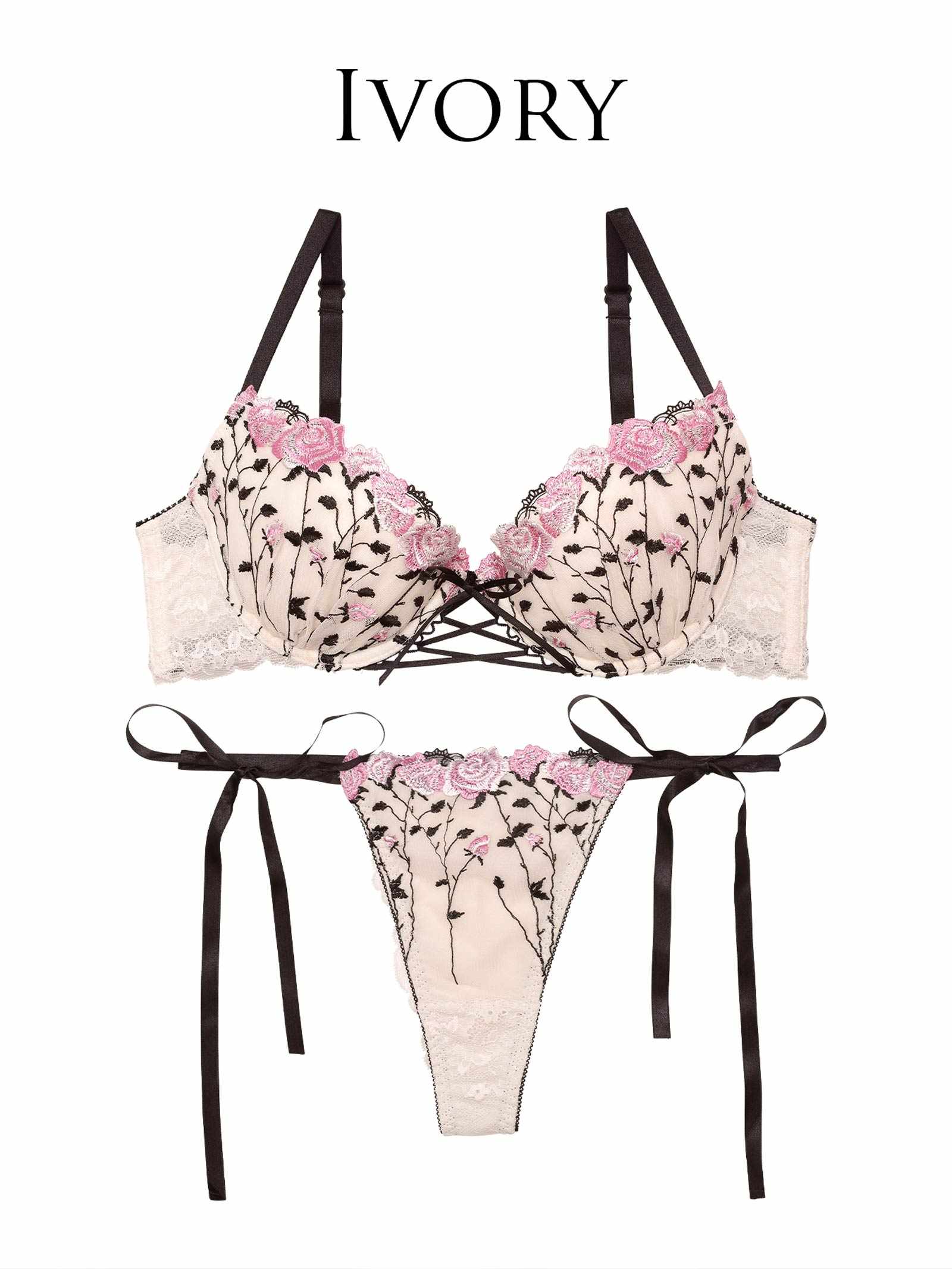 【Reinest】クラシックローズブーケブラジャー&サイド紐バック透けTバックショーツ - 【公式】247Lingerie