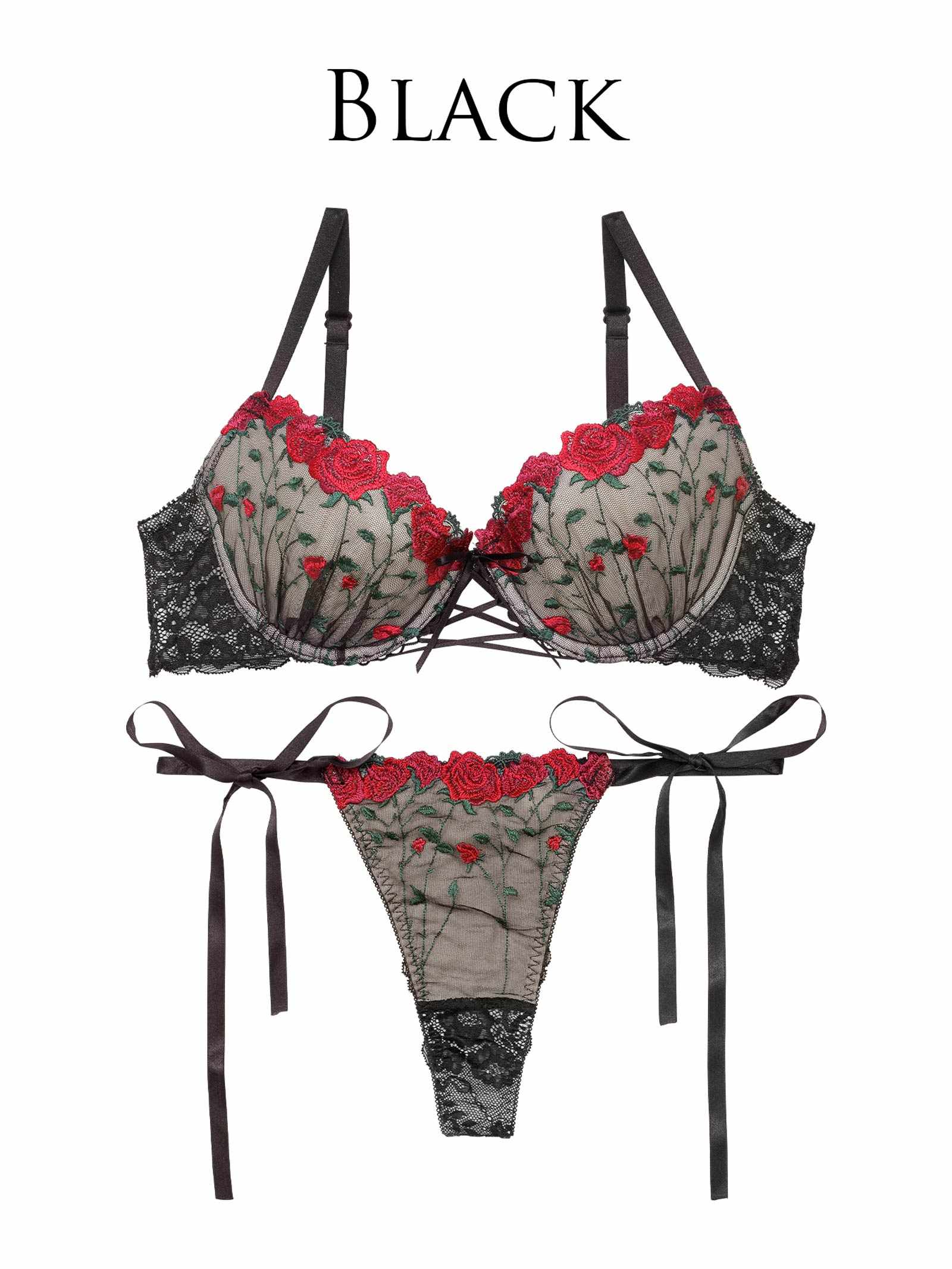 【Reinest】クラシックローズブーケブラジャー&サイド紐バック透けTバックショーツ - 【公式】247Lingerie