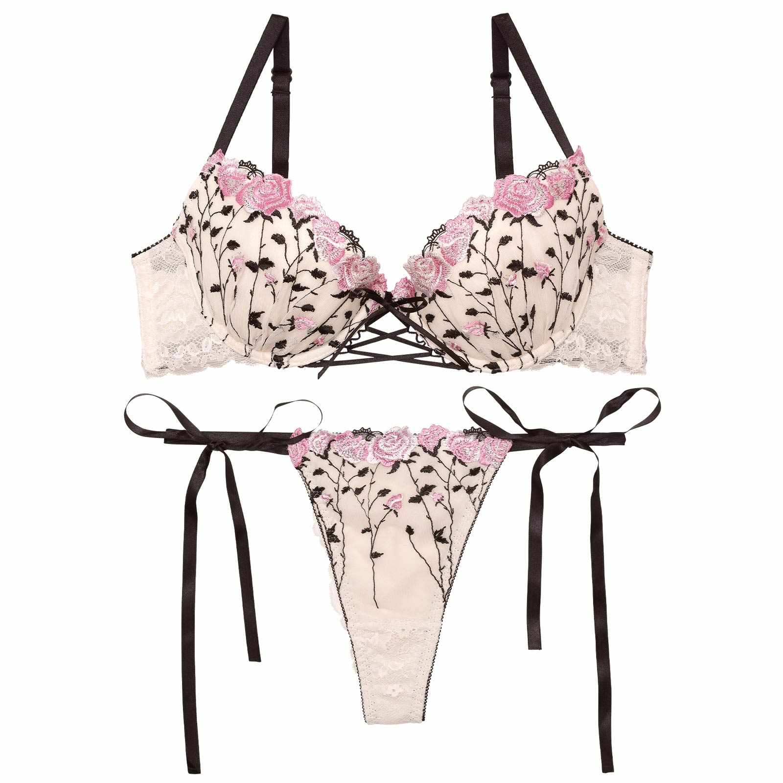 【Reinest】クラシックローズブーケブラジャー&サイド紐バック透けTバックショーツ