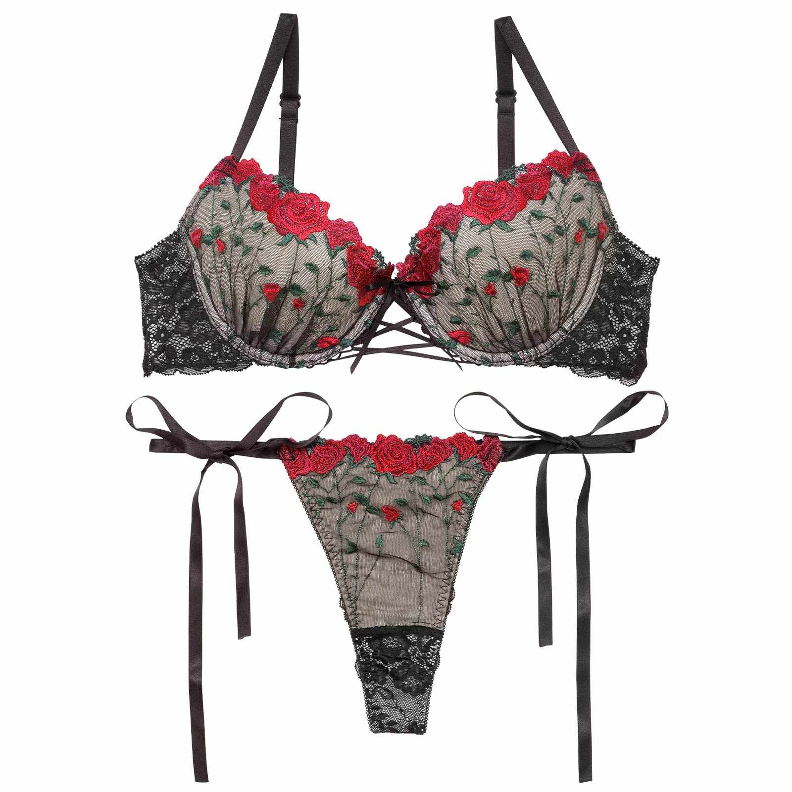 【Reinest】クラシックローズブーケブラジャー&サイド紐バック透けTバックショーツ - 【公式】247Lingerie