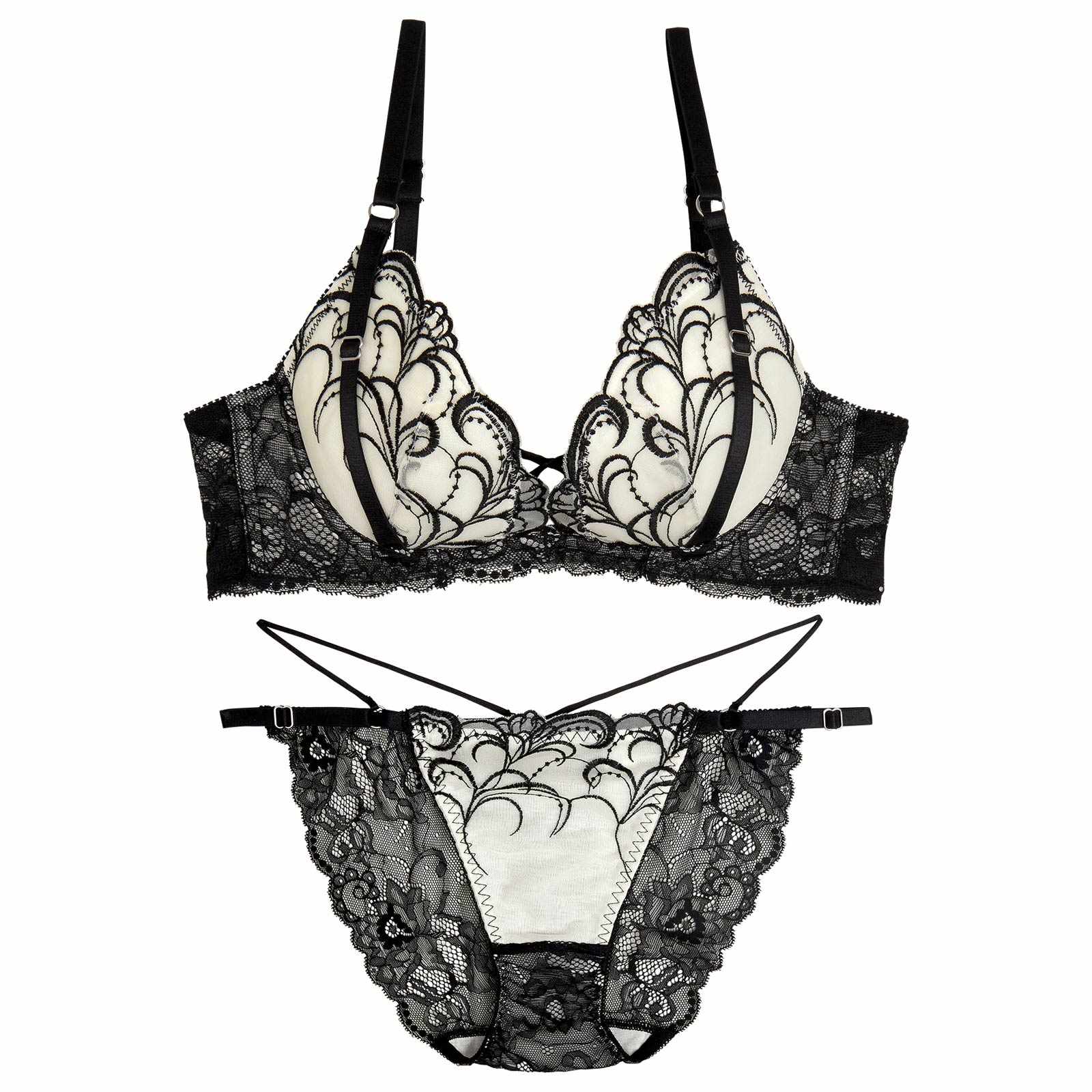 【永尾まりや着用】【Reinest】ストリングアイビーエンブロイダリーブラジャー&バック透けフルバックショーツ