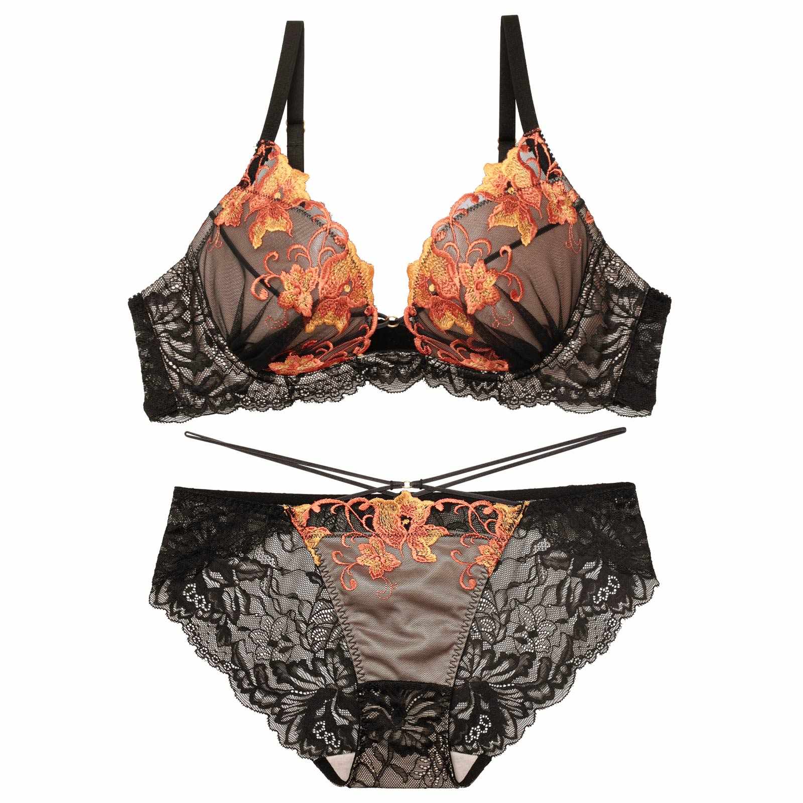 【永尾まりや着用】【Reinest】シックブロッサムコードブラジャー&バック透けフルバックショーツ