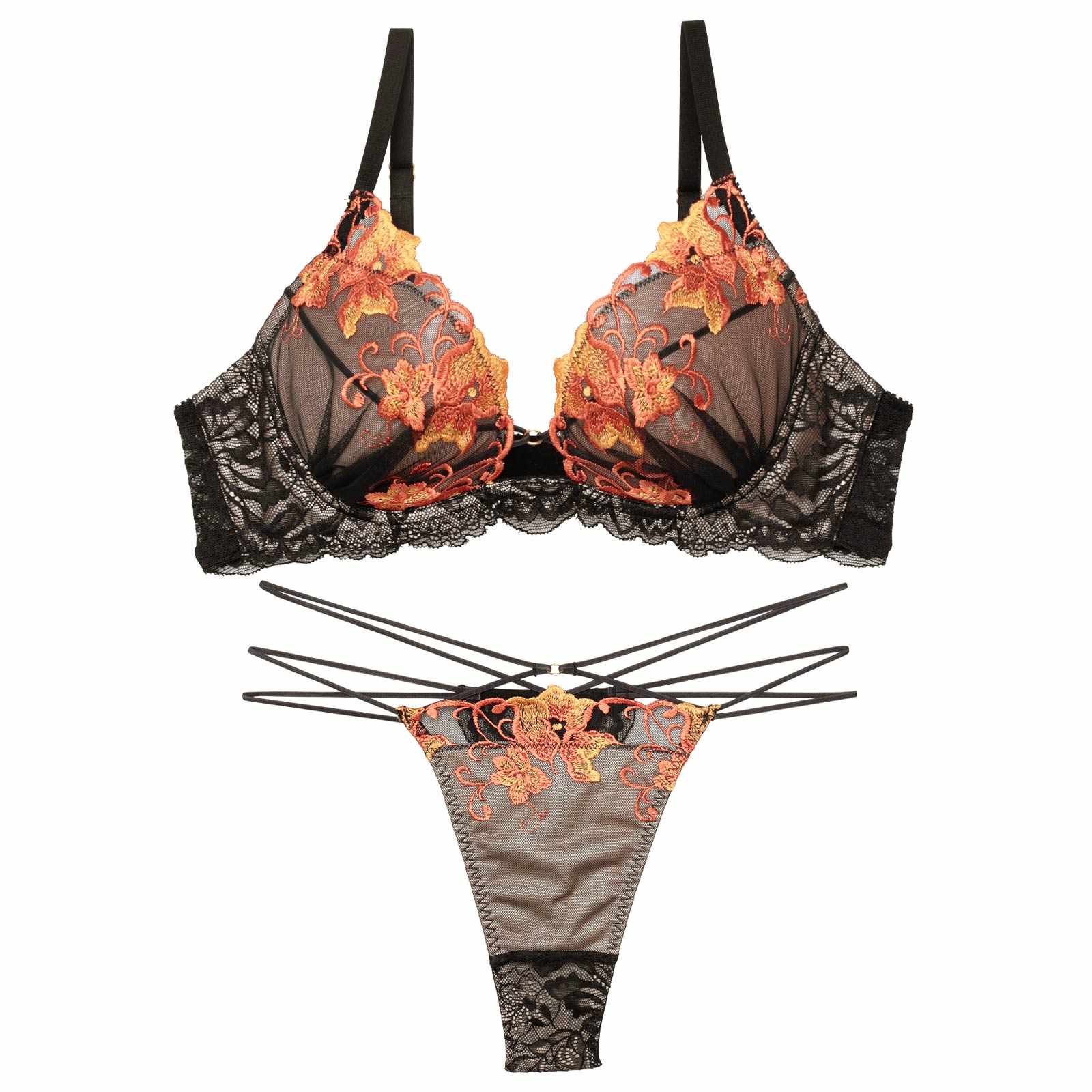 【永尾まりや着用】【Reinest】シックブロッサムコードブラジャー&バック透けTバックショーツ