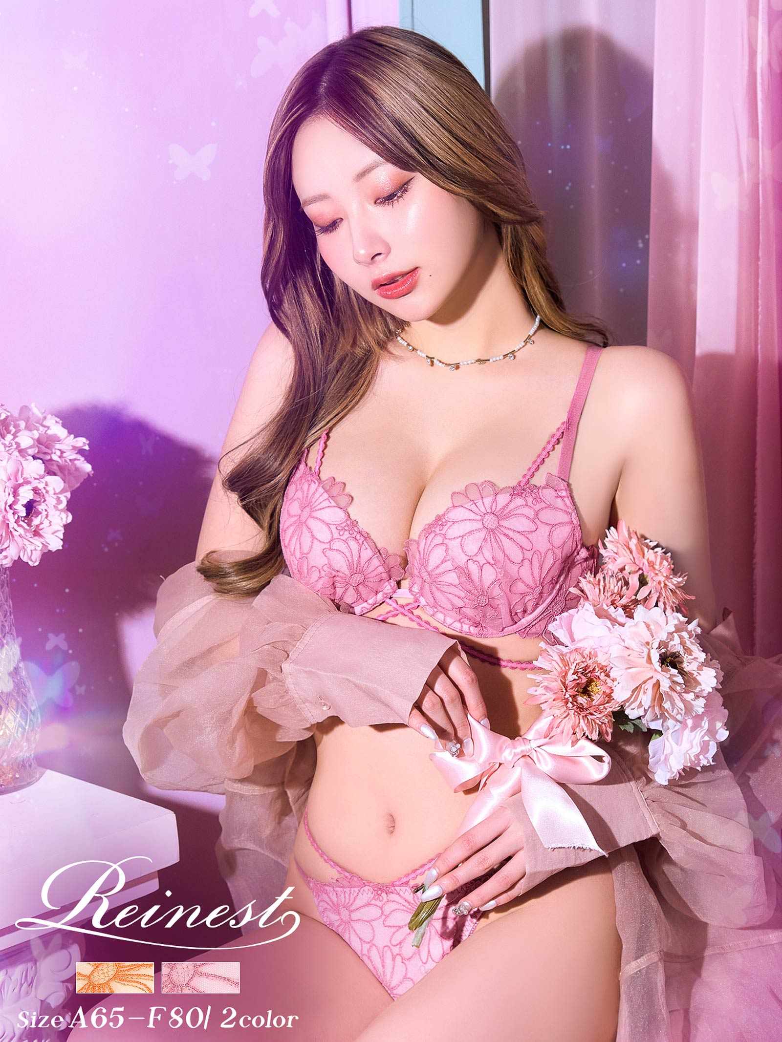 3/25新作!【Reinest】フェミニンシアーマーガレットブラジャー&バック透けフルバックショーツ