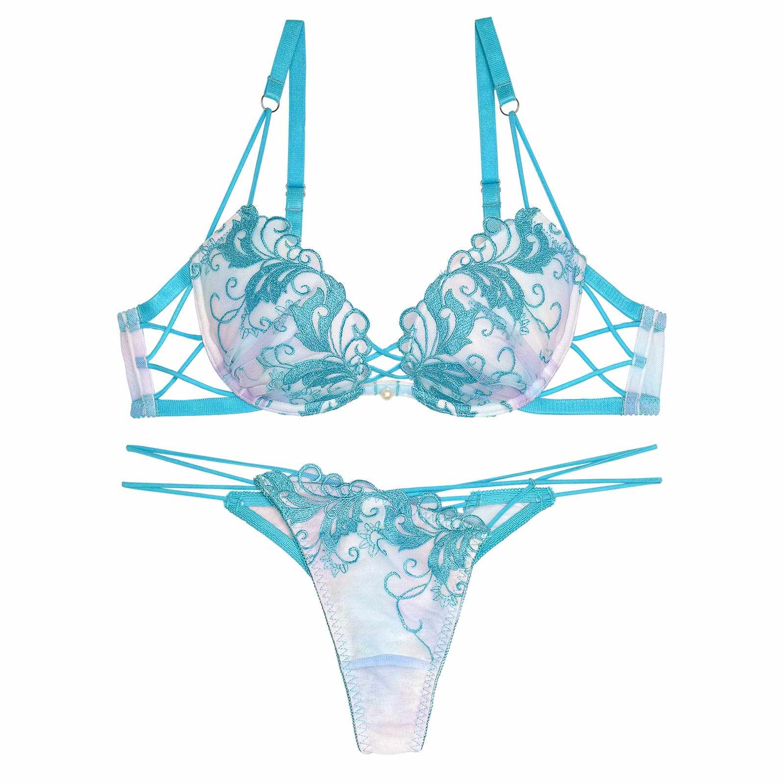 【Reinest】オーロラボタニカルブラジャー&バック透けTバックショーツ