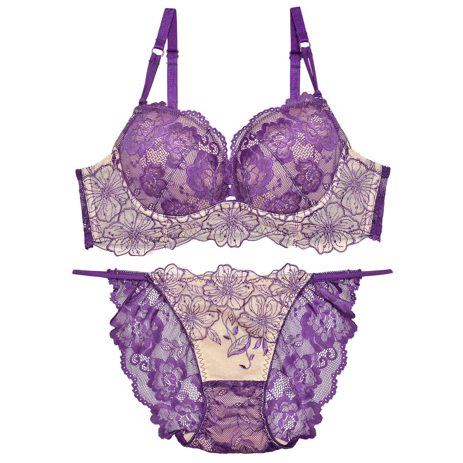 【Reinest】SEXYレース花柄ブラジャー&バック透けフルバックショーツ