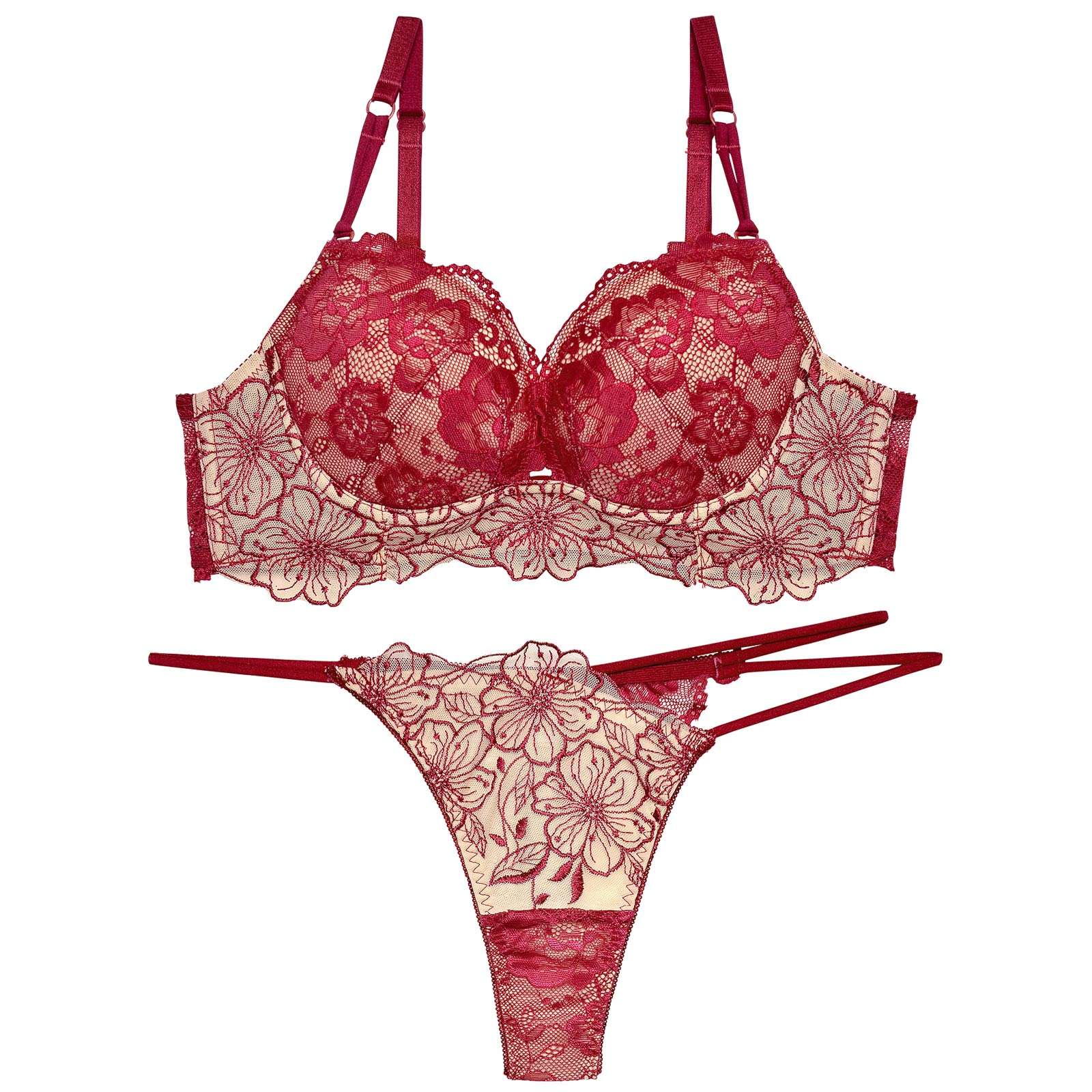 【Reinest】SEXYレース花柄ブラジャー&バック透けTバックショーツ