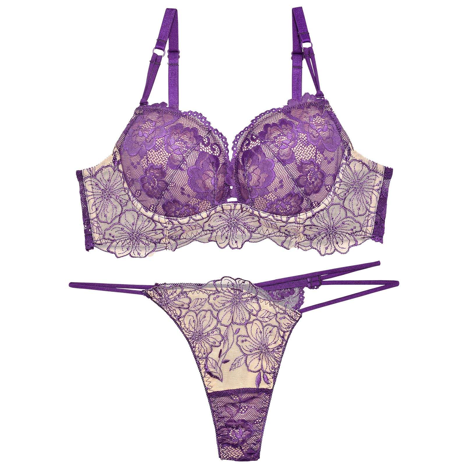 【Reinest】SEXYレース花柄ブラジャー&バック透けTバックショーツ