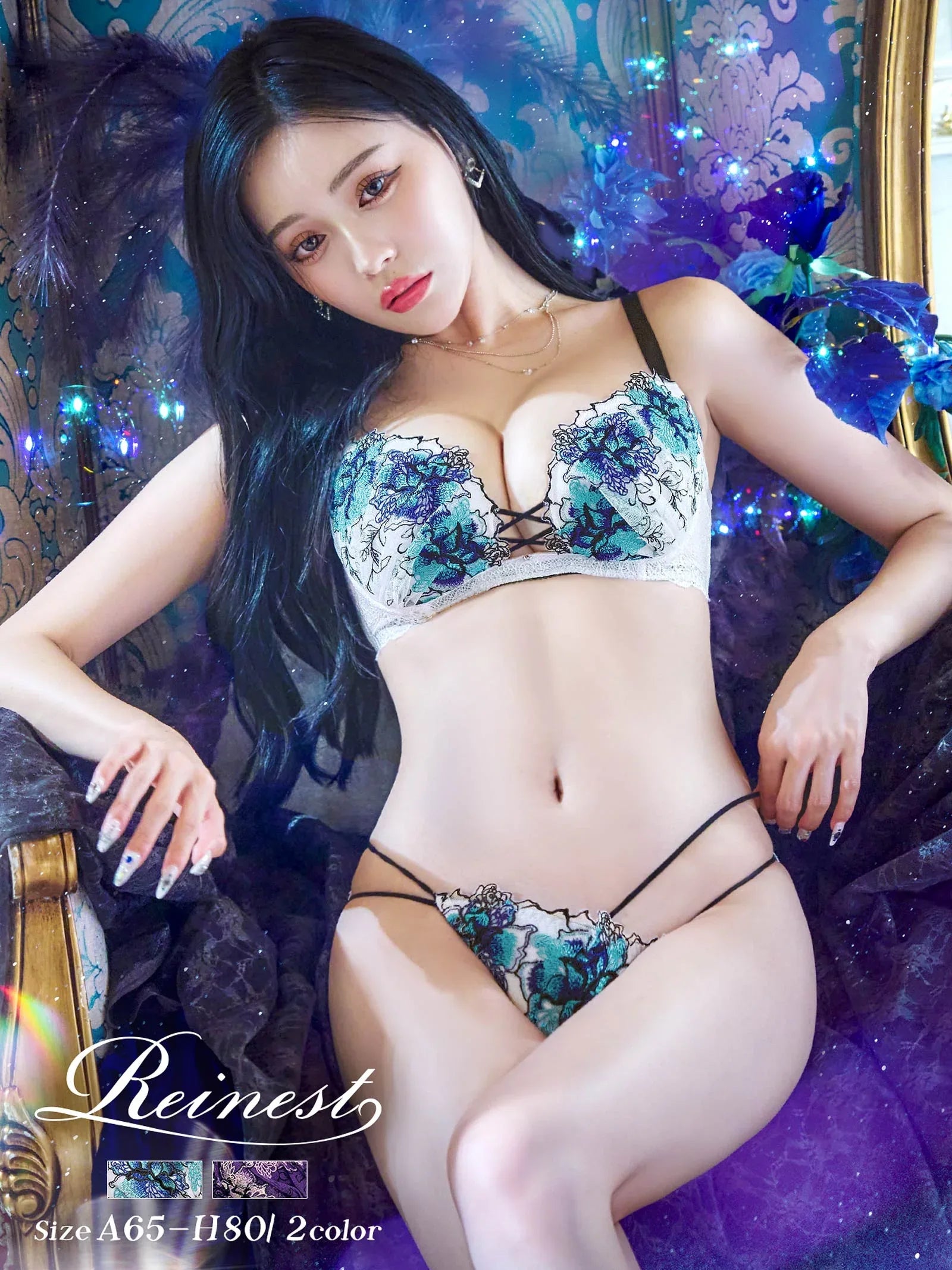 1/24再販!【Reinest】ファブリックレースアップフラワーブラジャー&バック透けフルバックショーツ - 【公式】247Lingerie