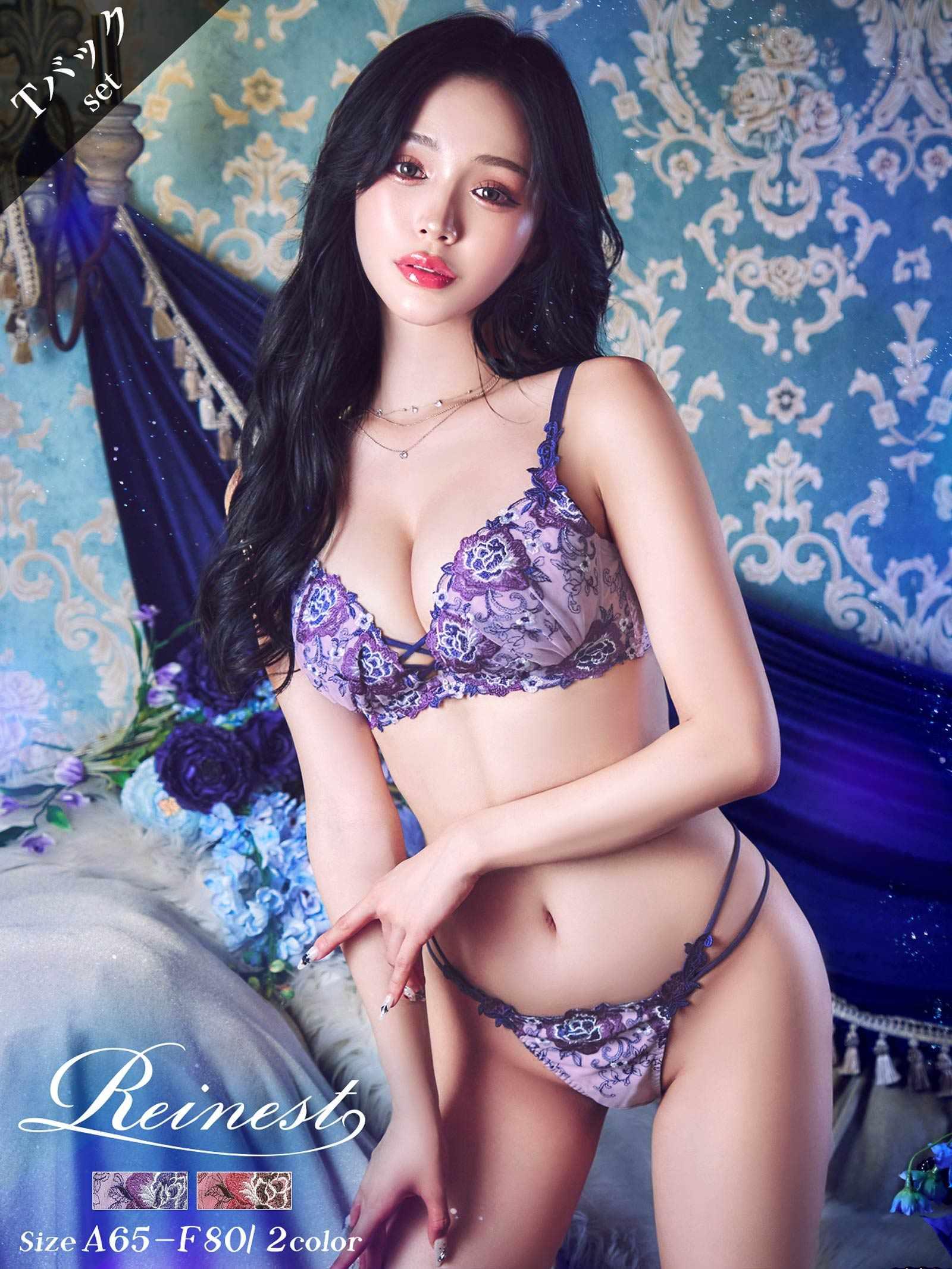 【Reinest】ノーブルロゼッタレースアップブラジャー&バック透けTバックショーツ - 【公式】247Lingerie