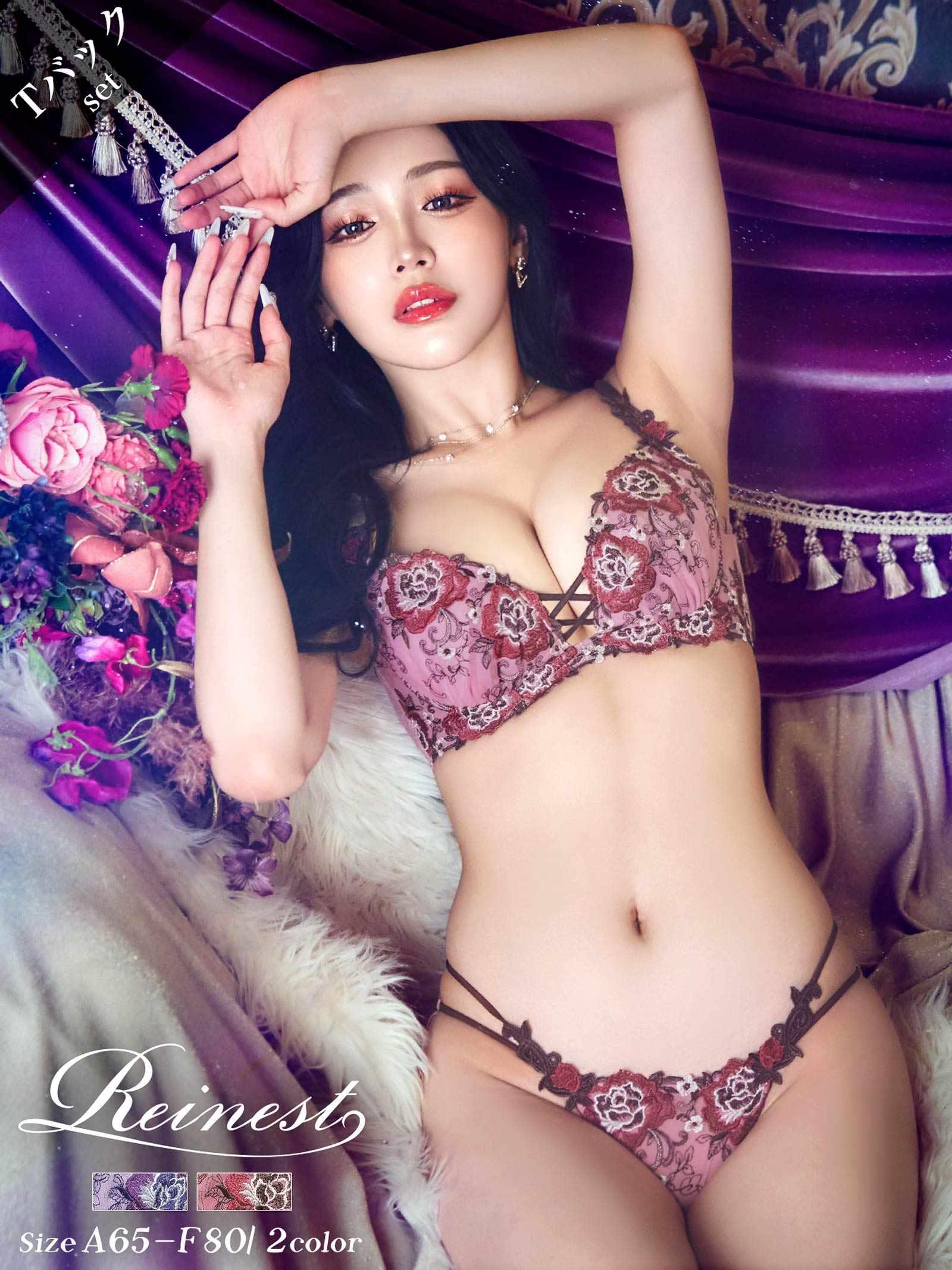 【Reinest】ノーブルロゼッタレースアップブラジャー&バック透けTバックショーツ - 【公式】247Lingerie