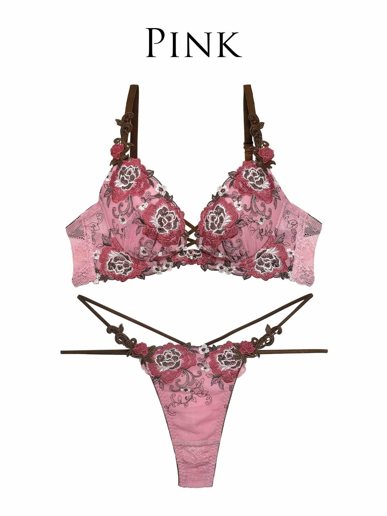 【Reinest】ノーブルロゼッタレースアップブラジャー&バック透けTバックショーツ - 【公式】247Lingerie