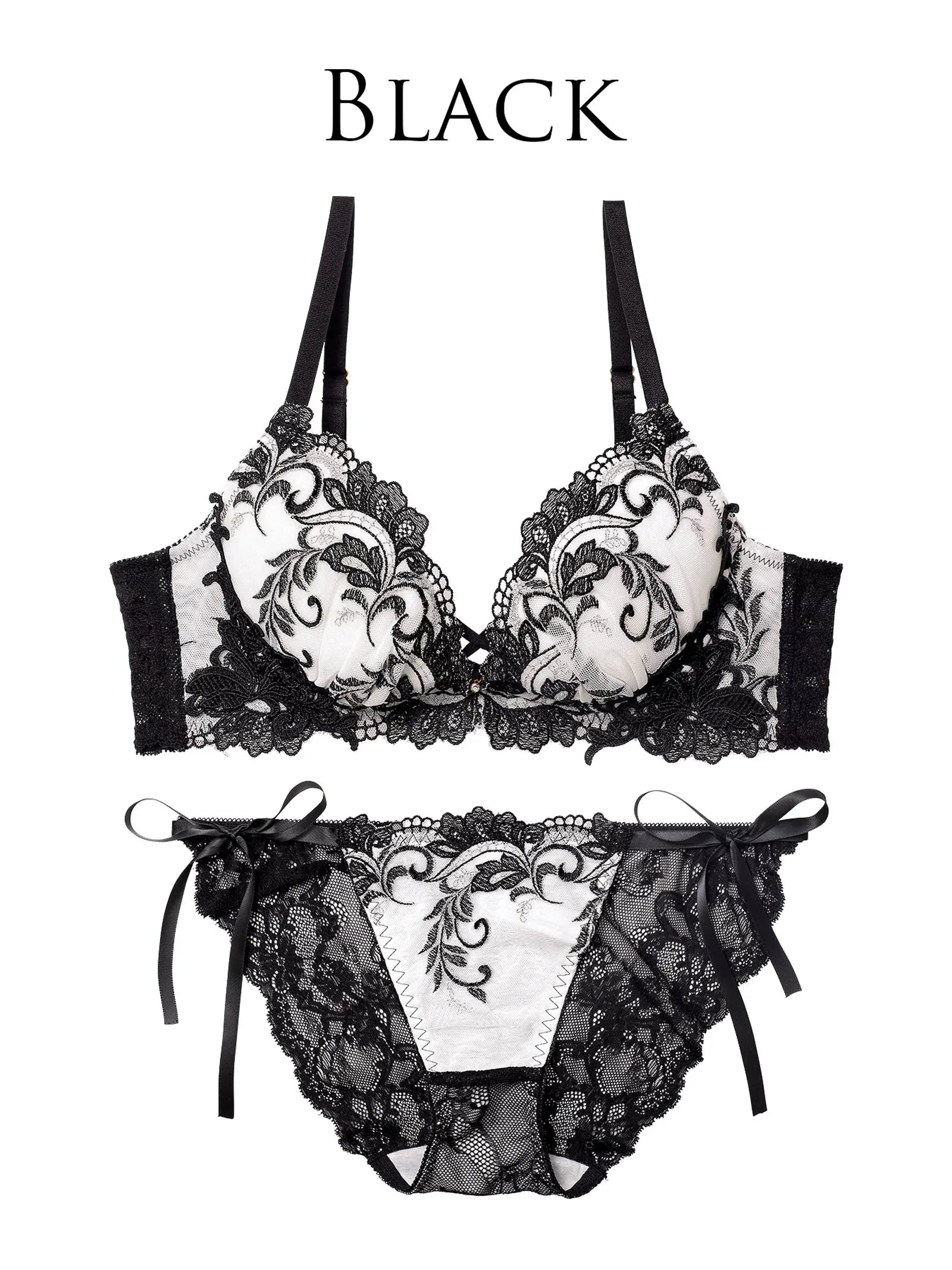 【永尾まりや着用】【Reinest】バロックリーフエンブロイダリーブラジャー&サイド紐バック透けフルバックショーツ