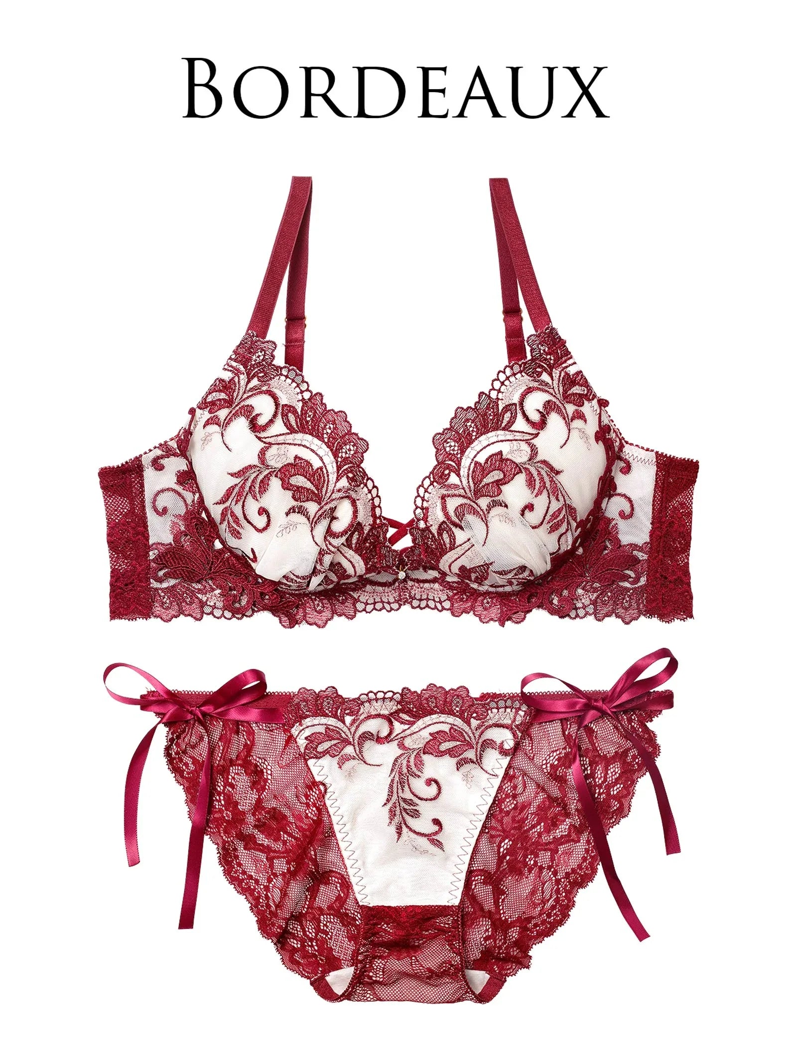 【永尾まりや着用】【Reinest】バロックリーフエンブロイダリーブラジャー&サイド紐バック透けフルバックショーツ