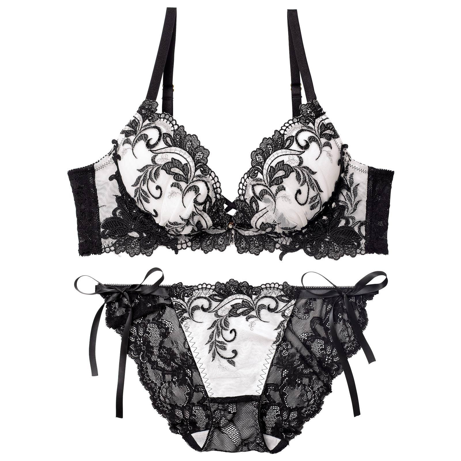 【永尾まりや着用】【Reinest】バロックリーフエンブロイダリーブラジャー&サイド紐バック透けフルバックショーツ