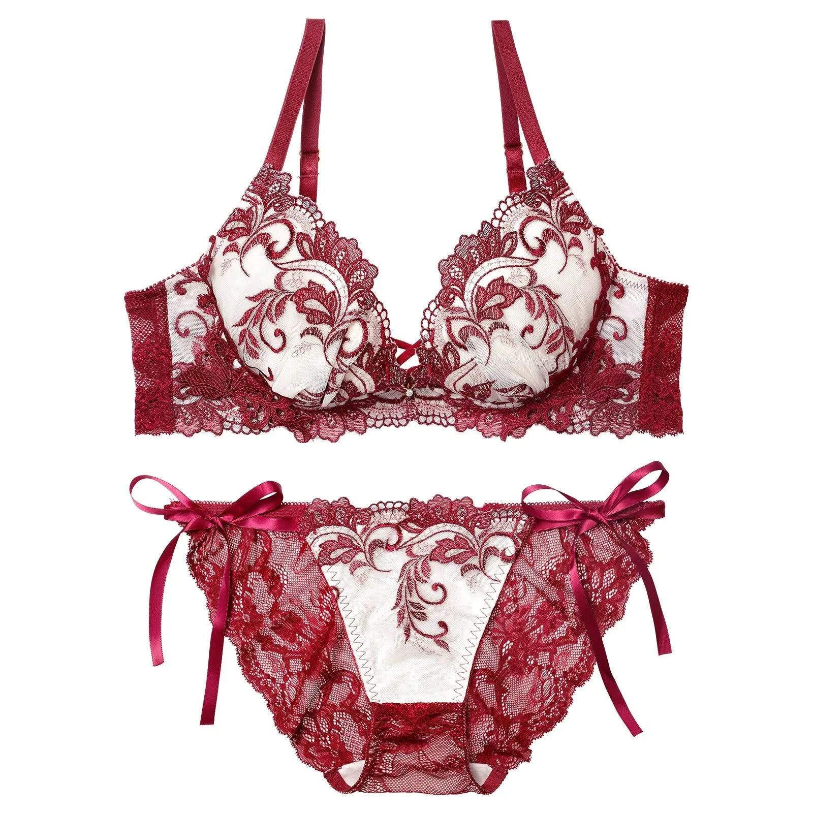 【永尾まりや着用】【Reinest】バロックリーフエンブロイダリーブラジャー&サイド紐バック透けフルバックショーツ