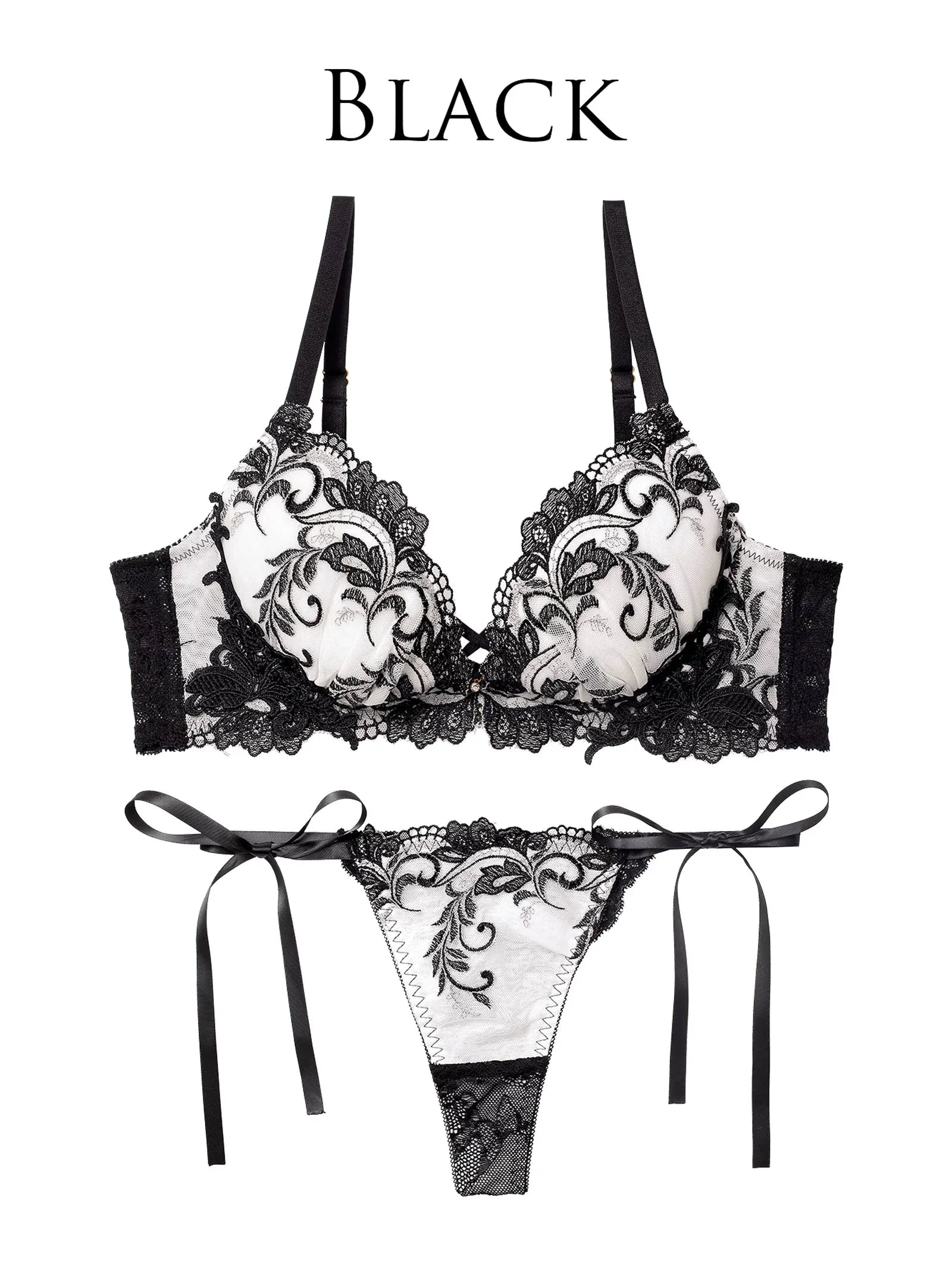 【永尾まりや着用】【Reinest】バロックリーフエンブロイダリーブラジャー&サイド紐バック透けTバックショーツ