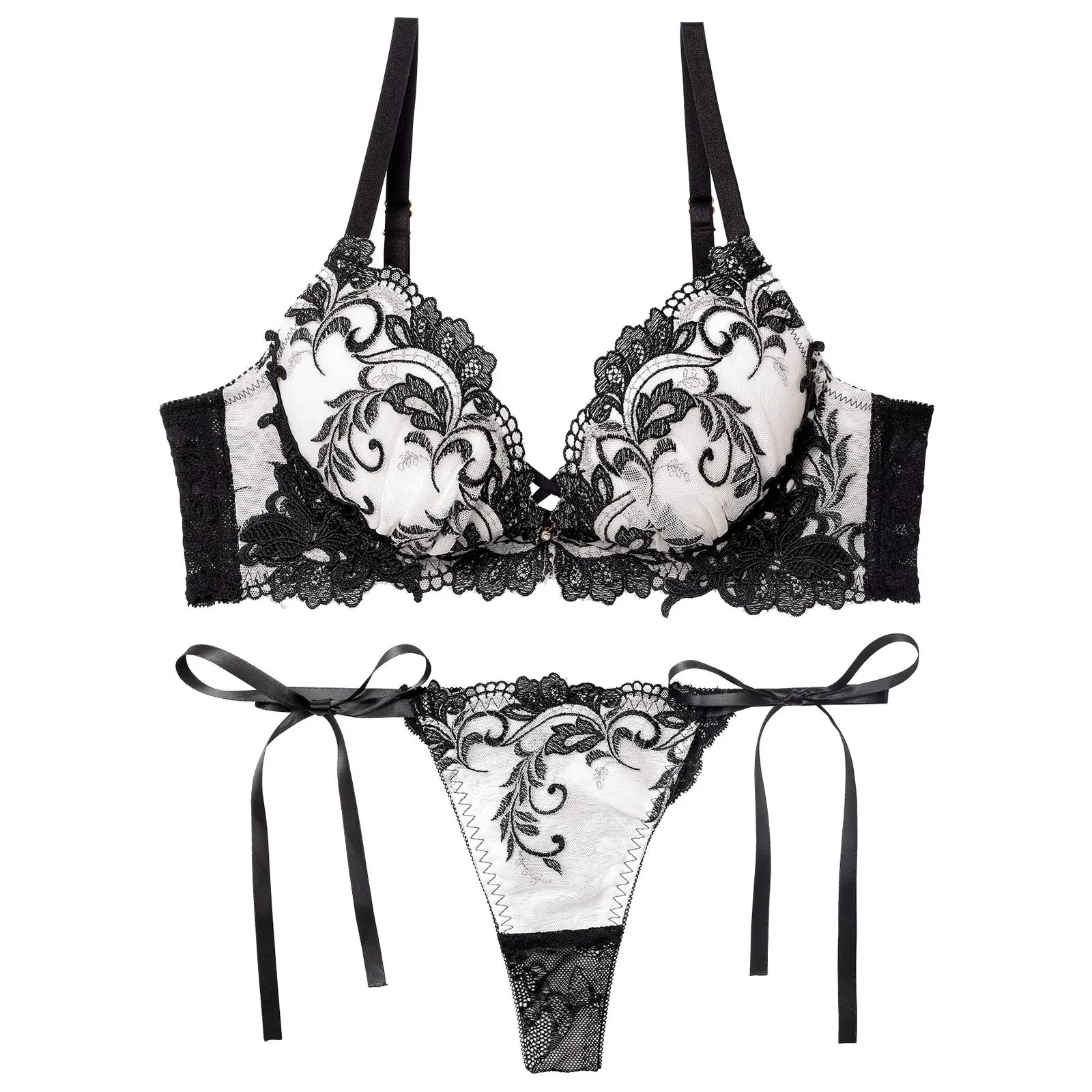 【永尾まりや着用】【Reinest】バロックリーフエンブロイダリーブラジャー&サイド紐バック透けTバックショーツ