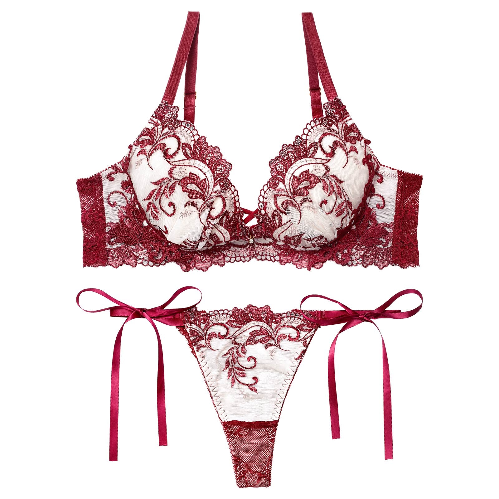 11/14新作!【永尾まりや着用】【Reinest】バロックリーフエンブロイダリーブラジャー&サイド紐バック透けTバックショーツ