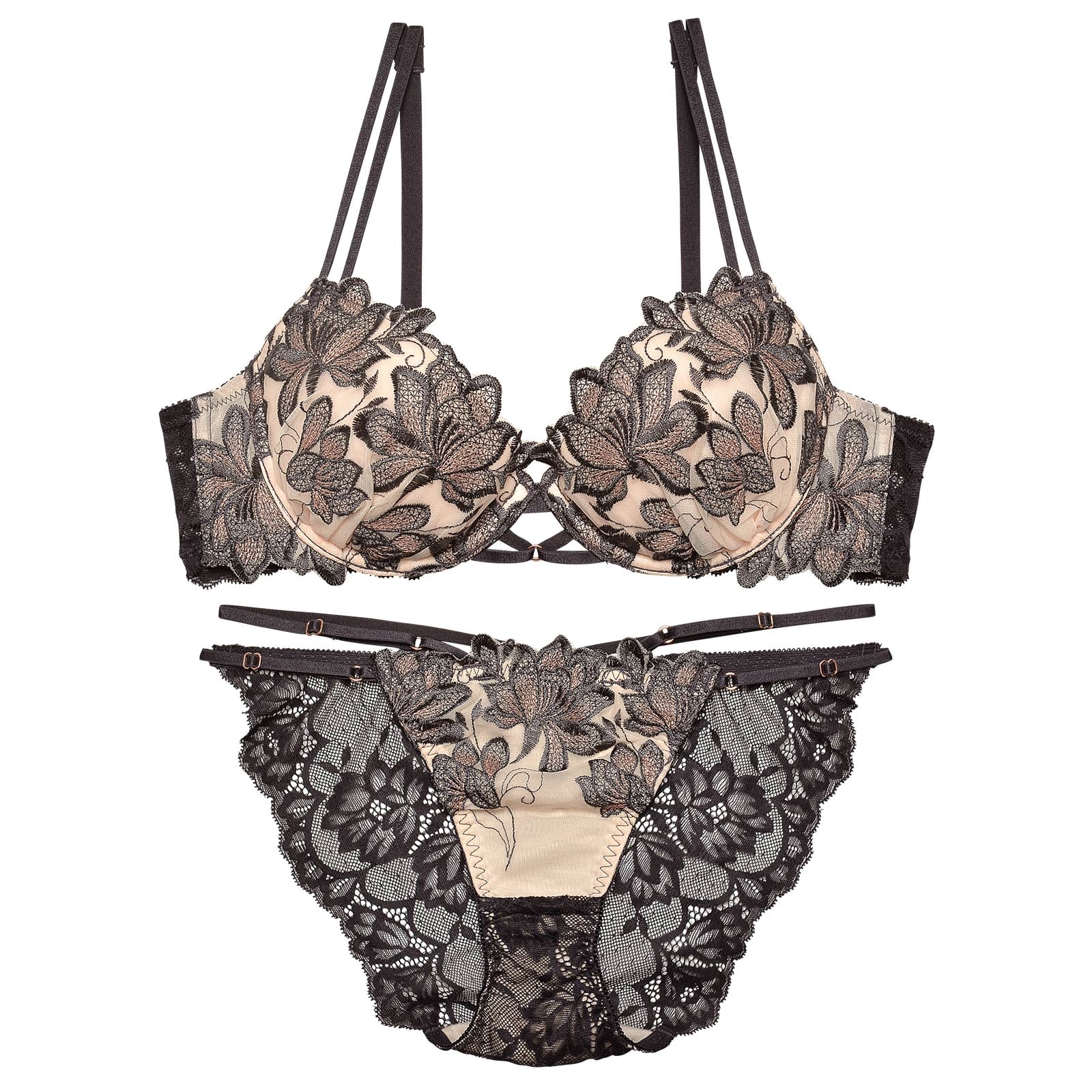 【Reinest】ディープマーベラスフラワーブラジャー&バック透けフルバックショーツ