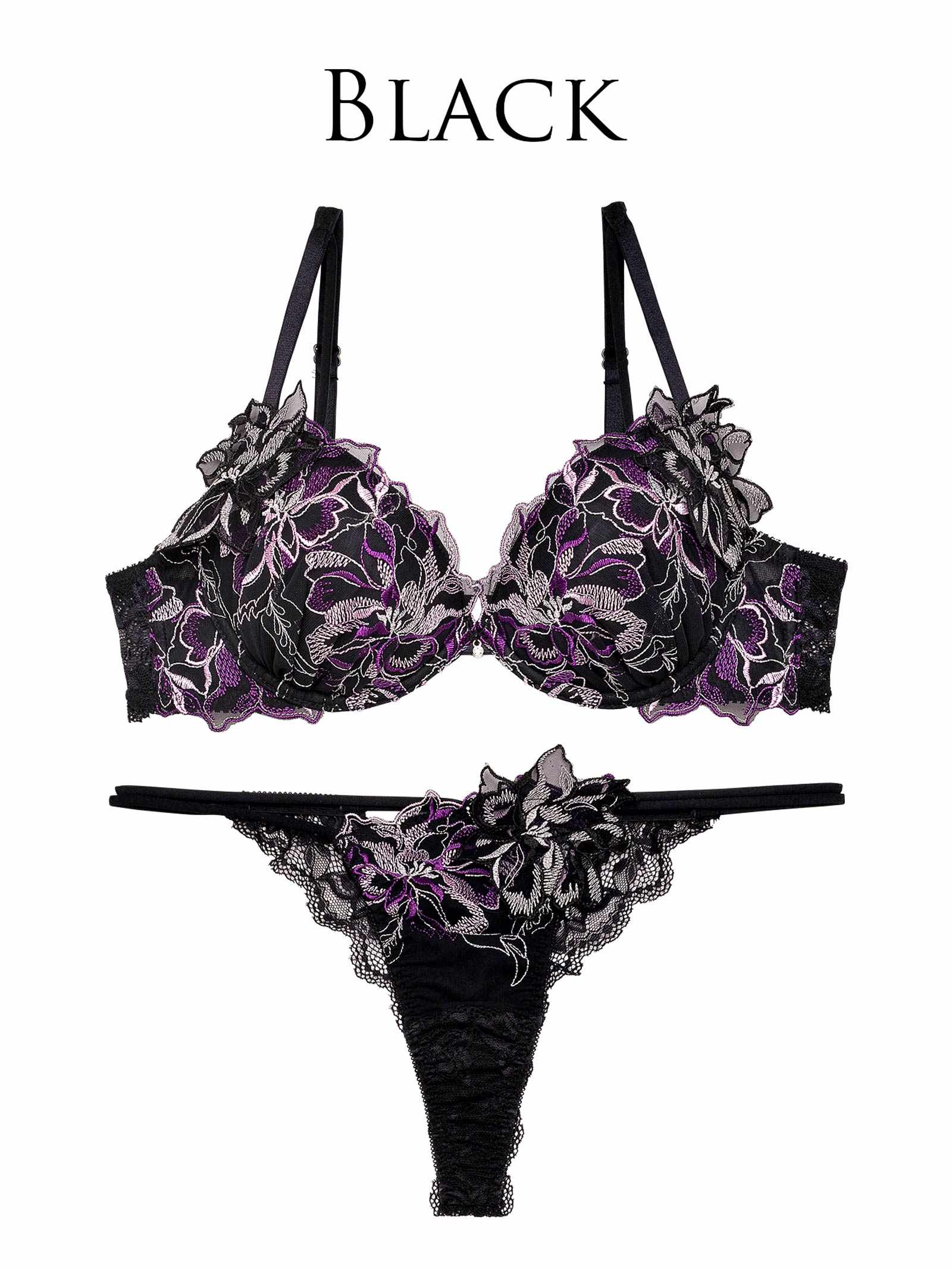 【Reinest】グラマーペタルエンブロイダリーブラジャー&バック透けTバックショーツ