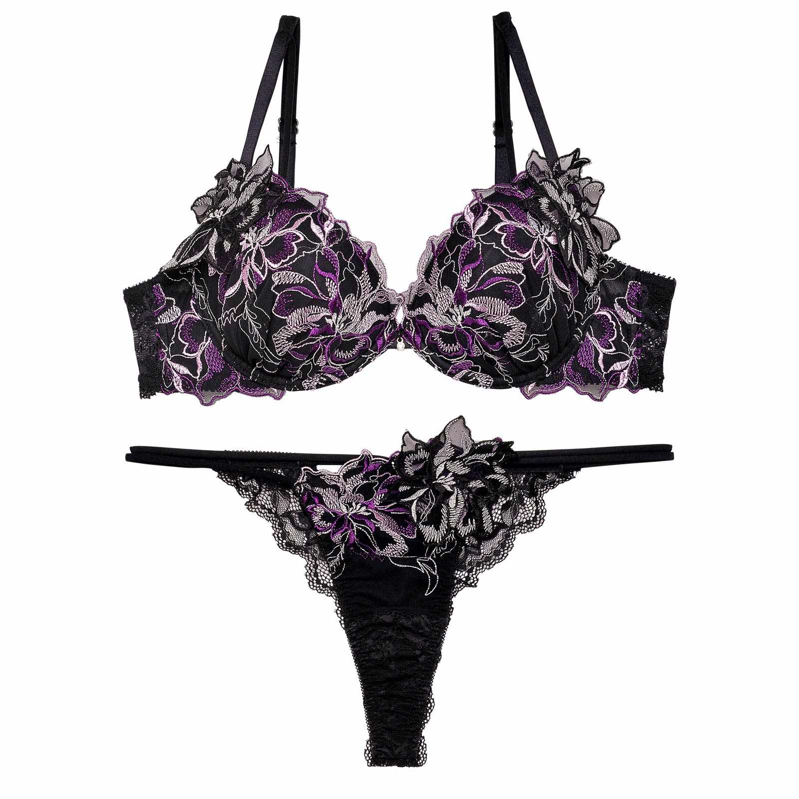 【Reinest】グラマーペタルエンブロイダリーブラジャー&バック透けTバックショーツ