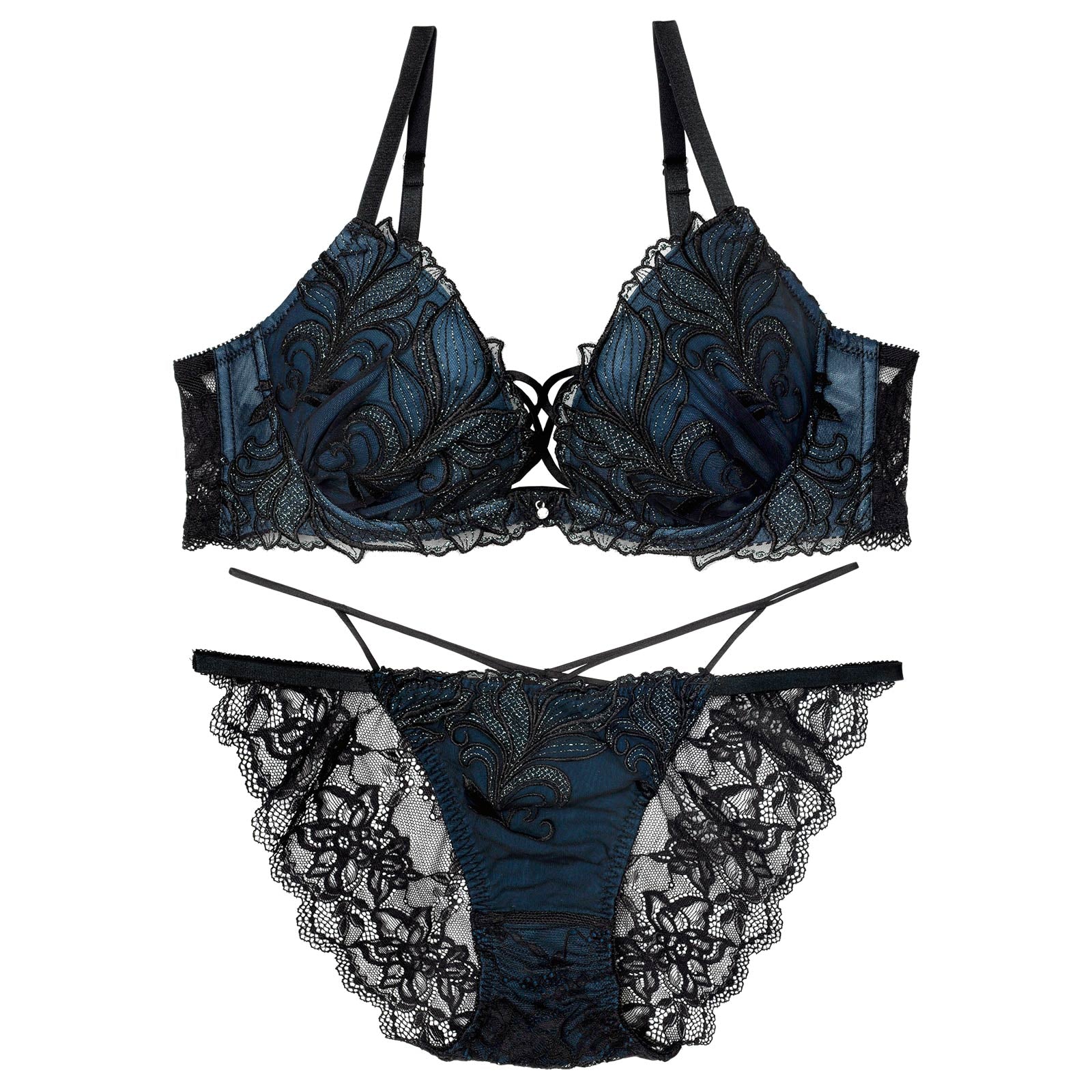 【永尾まりや着用】【Reinest】シャイニーフェザーリーフブラジャー&バック透けフルバックショーツ