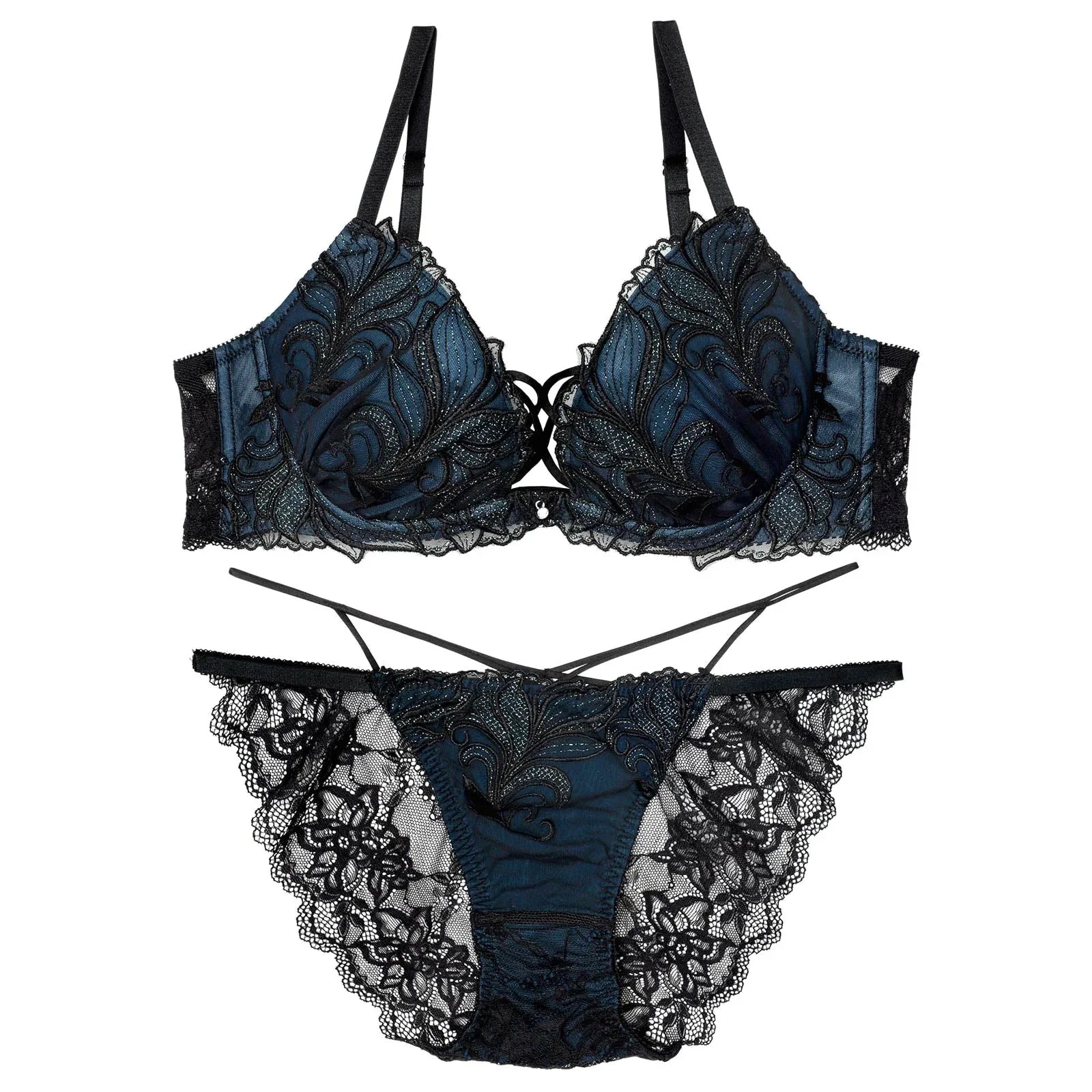 【永尾まりや着用】【Reinest】シャイニーフェザーリーフブラジャー&バック透けフルバックショーツ