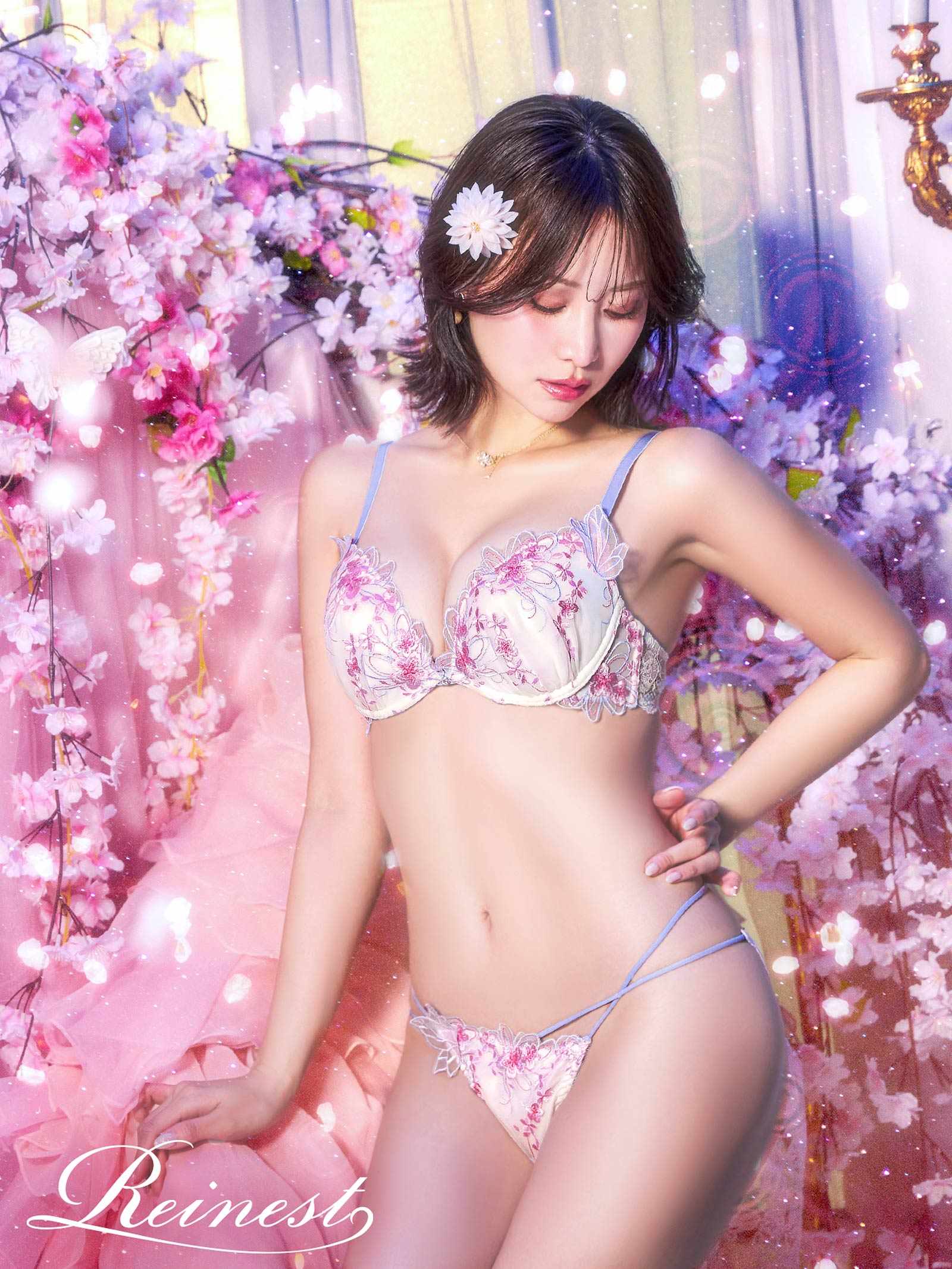 3/4新作!【永尾まりや着用】【Reinest】グレイスチェリーブロッサムブラジャー&バック透けフルバックショーツ