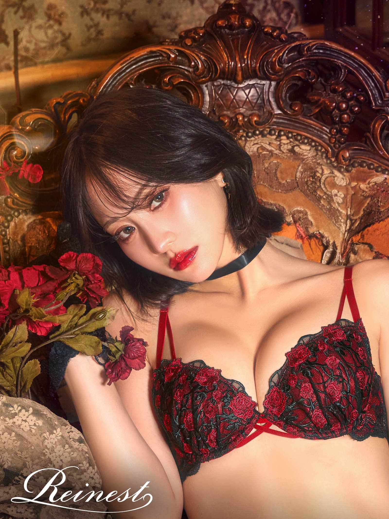 1/23新作!【永尾まりや着用】【Reinest】ミッドナイトローズクロスコードブラジャー&バック透けTバックショーツ