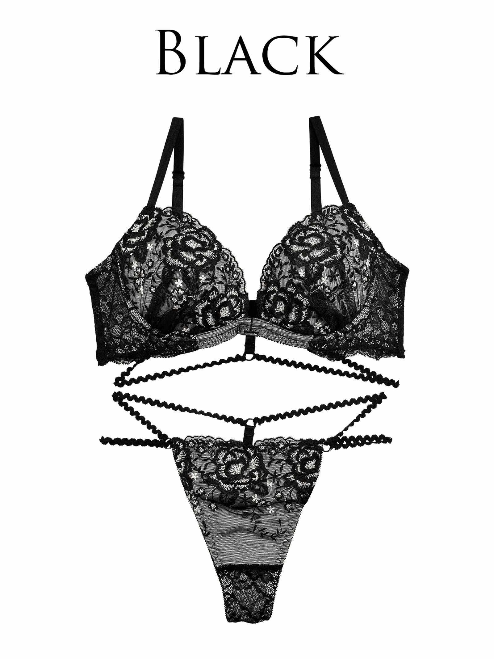 【明日花キララプロデュース/WhipBunny】シマーフラワーストリング ブラ&Tバック / ブラック - 【公式】247Lingerie