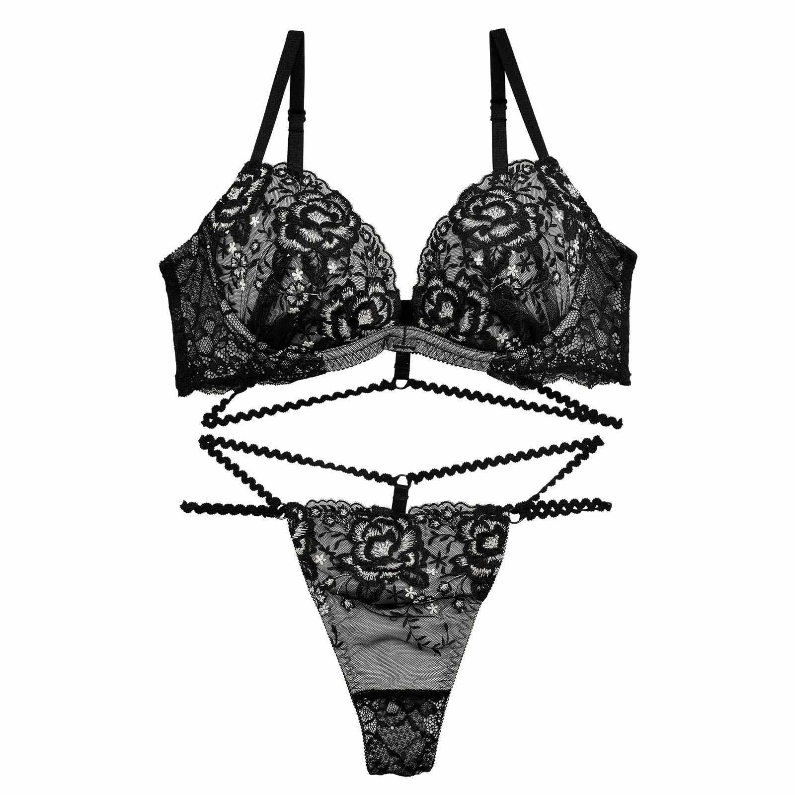 【明日花キララプロデュース/WhipBunny】シマーフラワーストリング ブラ&Tバック / ブラック