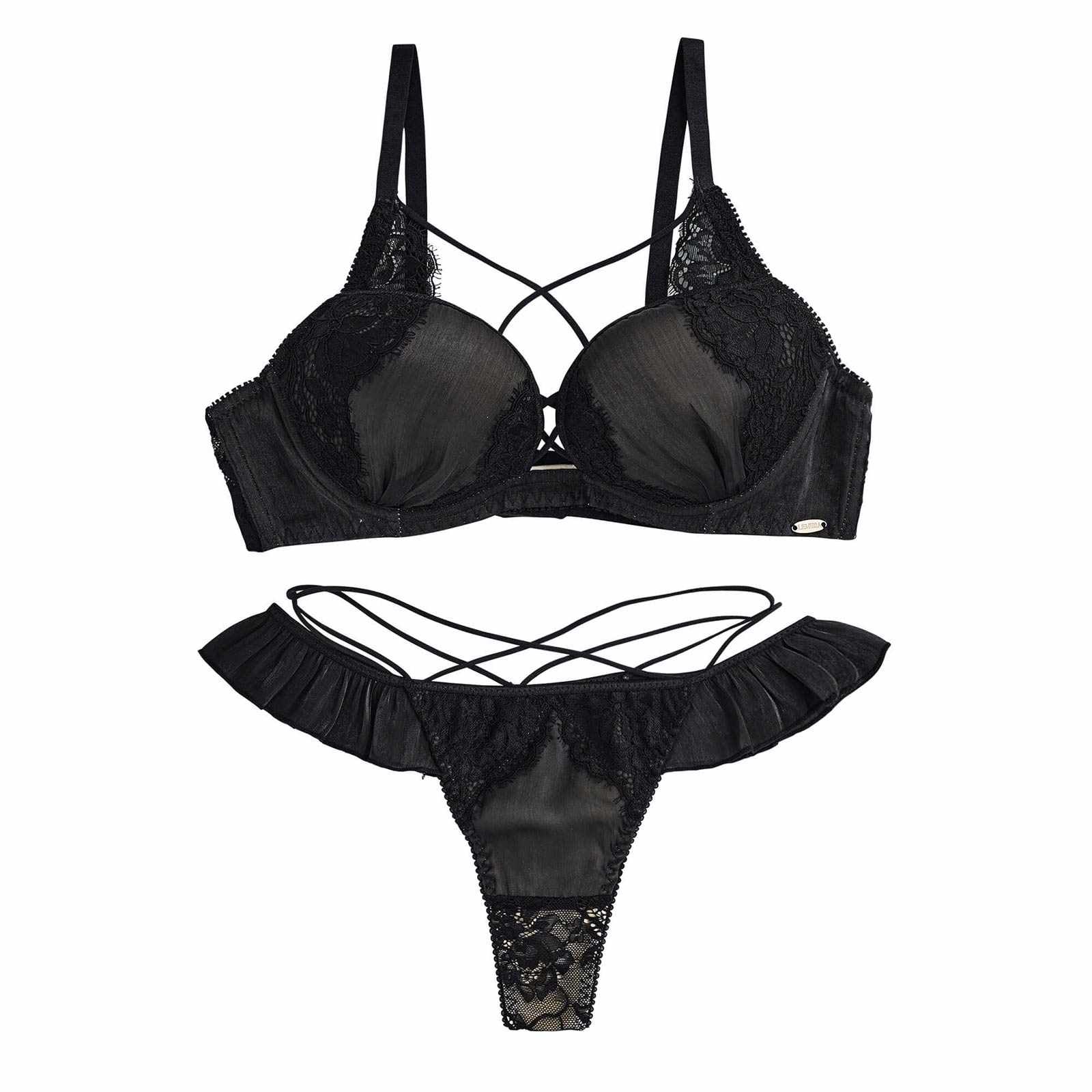 【LEMURA】Chiffon&Eyelash Lace Lingerie-Tバックセット-